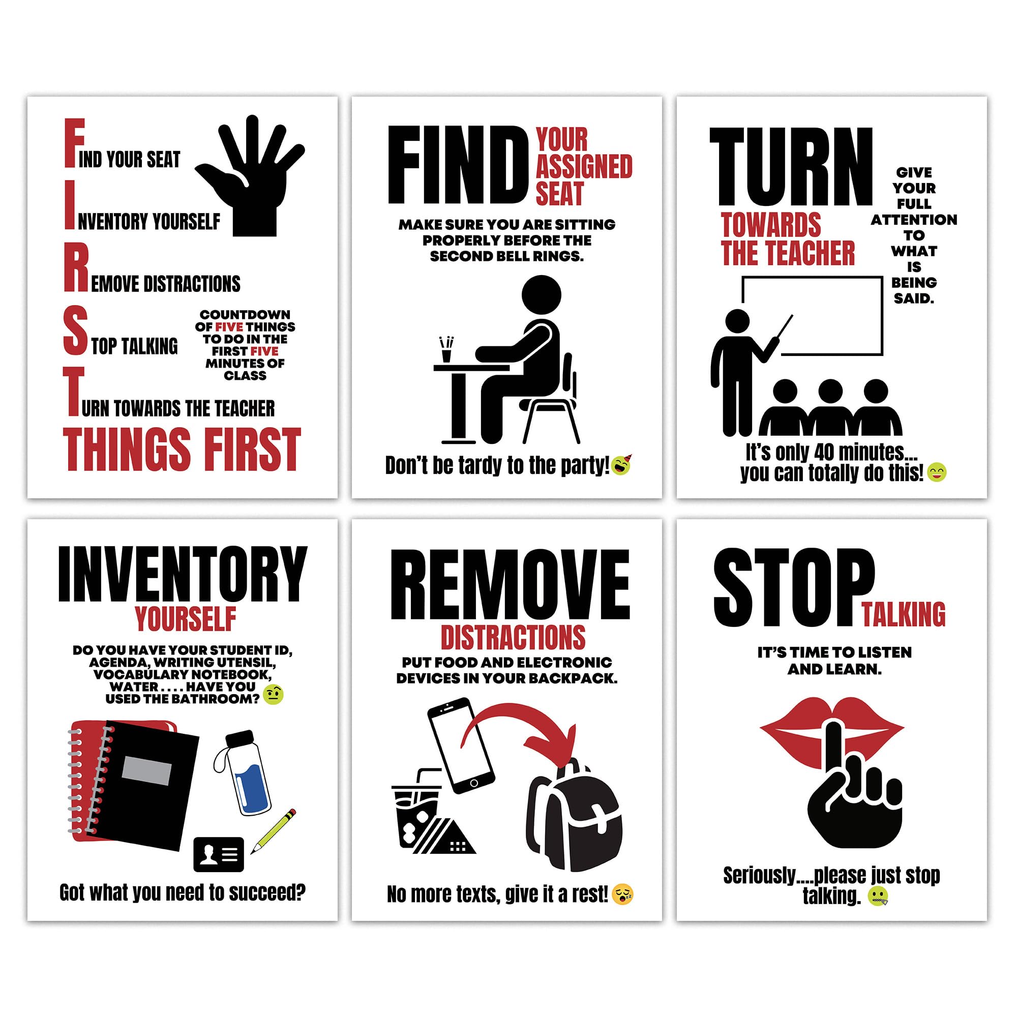 Auroscent Classroom Rules Posters for Middle, and High School Classroom Decorations 11 x 8.5 inches, Set of 6, First Things First, School Decorations