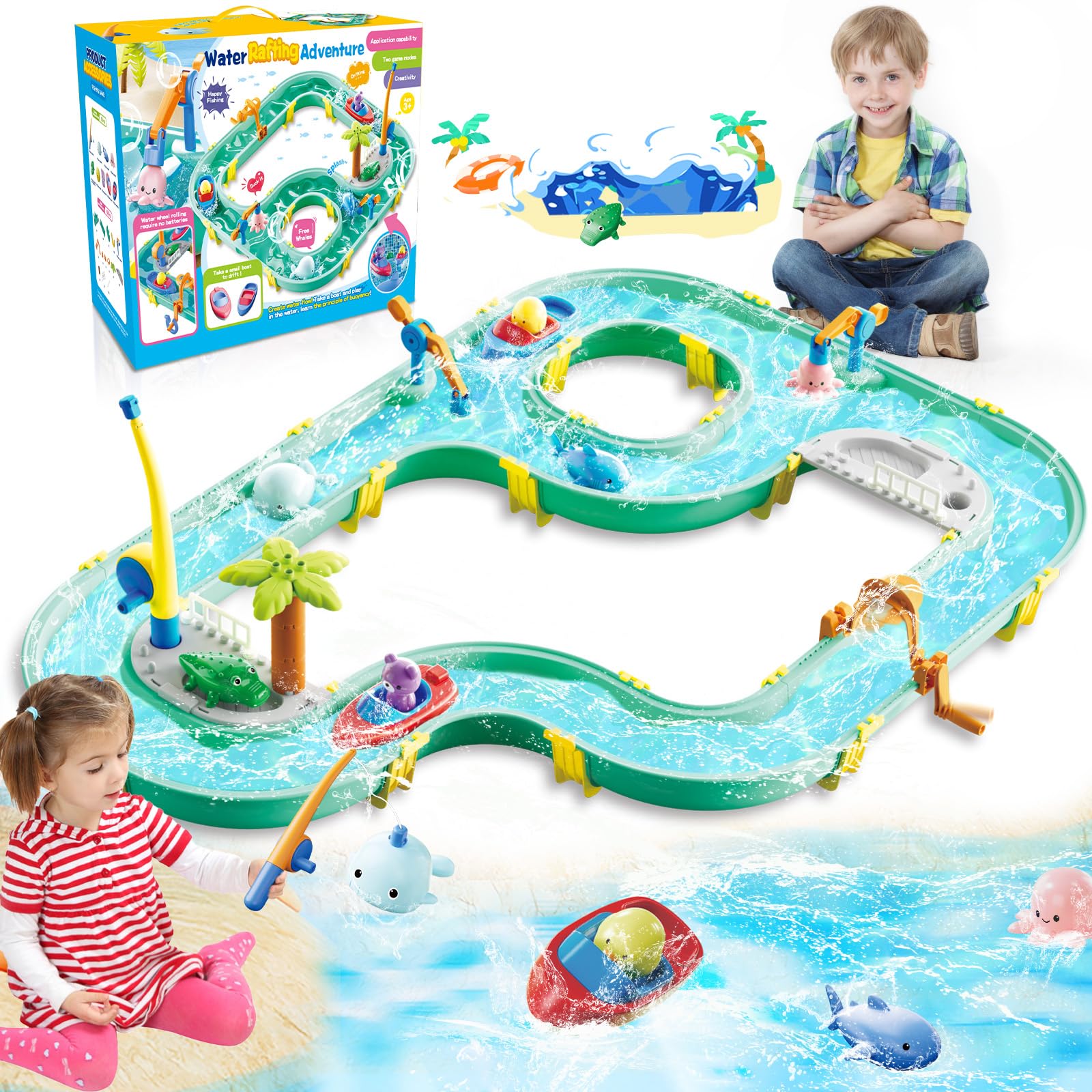 BuzzoXerex Juguete de Mesa de Arena y Agua, 2 en 1 Mesa de Agua y Arena Set, Mesas de Juegos Exteriores con Barcos x2 Muñecas x6 Cañas de Pescar x2 para Niños 3+ Años (1)