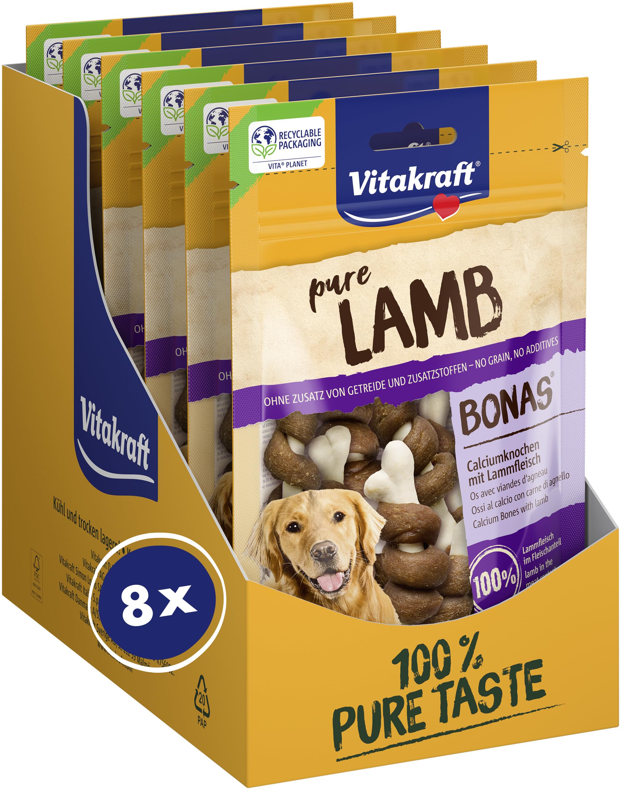 Vitakraft Pure Lamb Bonas, Hundeleckerli, Calciumknochen mit Lammfleisch, Hunde Trainingsleckerli, ohne Zusatz von Zucker (8x 80g)