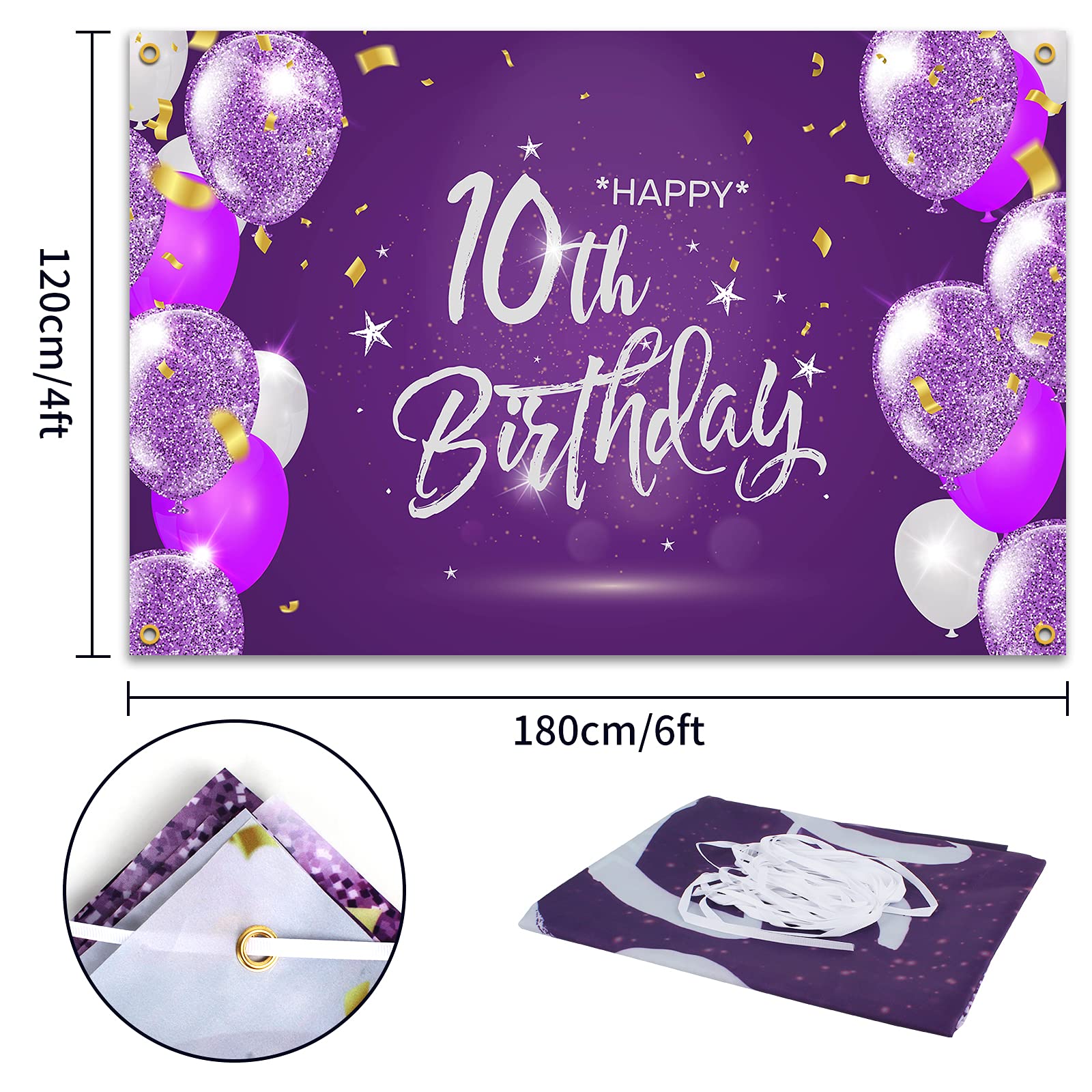 HAMIGAR Baner "Happy 10th Birthday", 10 lat, dekoracje urodzinowe, artykuły imprezowe dla dziewcząt, 1,8 x 1,2 m, fioletowy