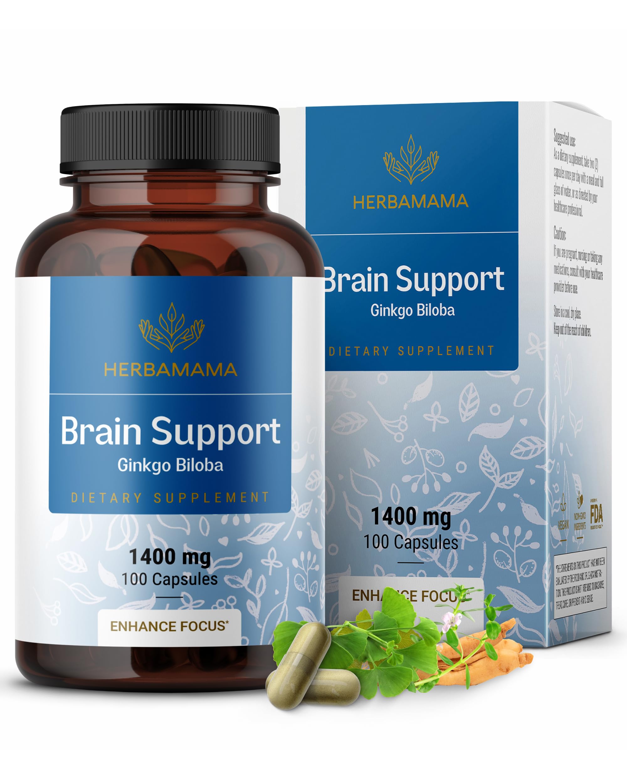HERBAMAMA Brain Support Capsules - 1400mg Brain Support Supplement for Adults with Bacopa, Panax Ginseng and Ginkgo Biloba - Vegan, Non-GMO Focus Supplement, 100 Caps