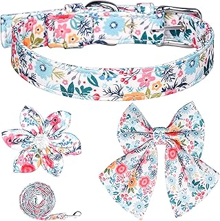 Girl Dog Collars and Leash Set for Small Medium Dogs,Adjustable Cute Puppy Floral Collars Including Pin Buckle Collars, Detachable Bow Tie and Flower, Leash,Female Dog Collars for Walking Gift,M