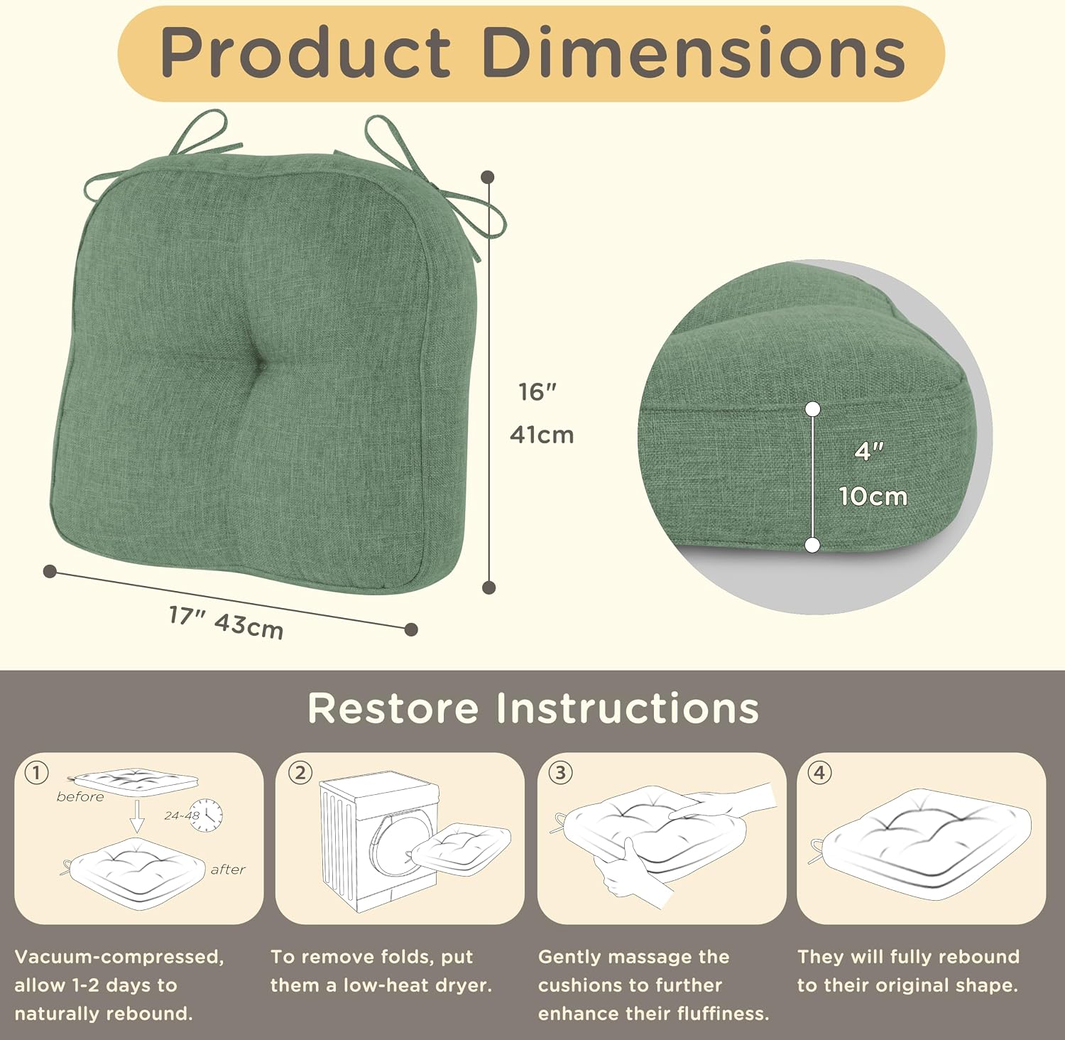 Chair Cushions for Dining Chairs Set of 2, 17"x16"x4", Sage Green