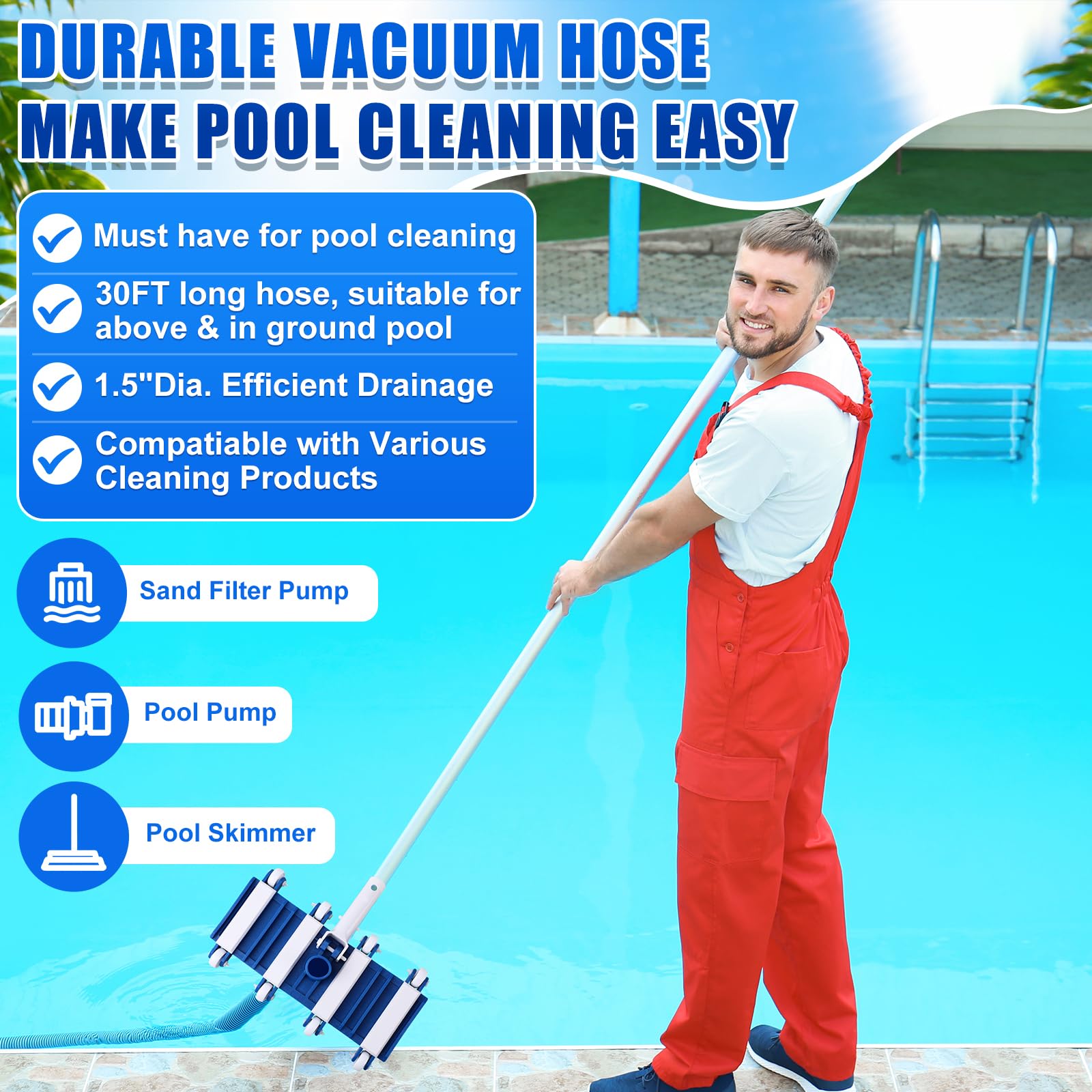Kit d'aspirateur de piscine 5 pièces comprenant un tuyau de 2,5 à 1,3 cm x 9 m avec tête d'aspiration à roue pivotante, un poteau réglable, une brosse de 44,5 cm et un filet d'écumoire pour