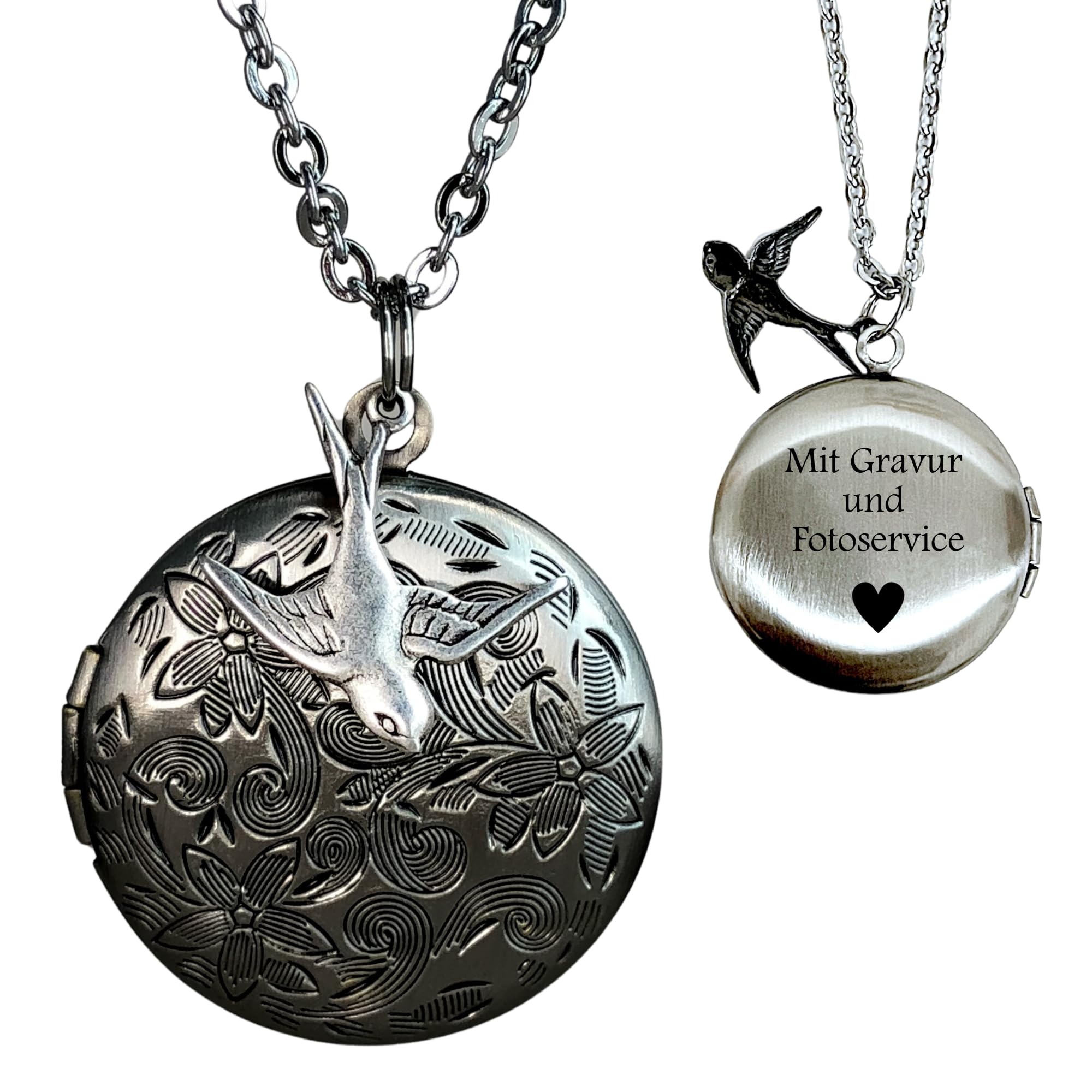 MadamLili - Personalisierte Halskette Foto Medaillon Anhänger Set Fotoservice - Personalisierbar mit GRAVUR - 70cm Kette in Altsilber - Namenskette - Aufklappbar - Handgefertigt - Exklusive Schmuckbox