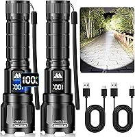 WdtPro Rechargeable LED Flashlight 2-Pack: 6000 Lumens Super Bright, Zoomable 3 Modes, LCD Display, IP65 Waterproof for Camping, Emergency, Gifts