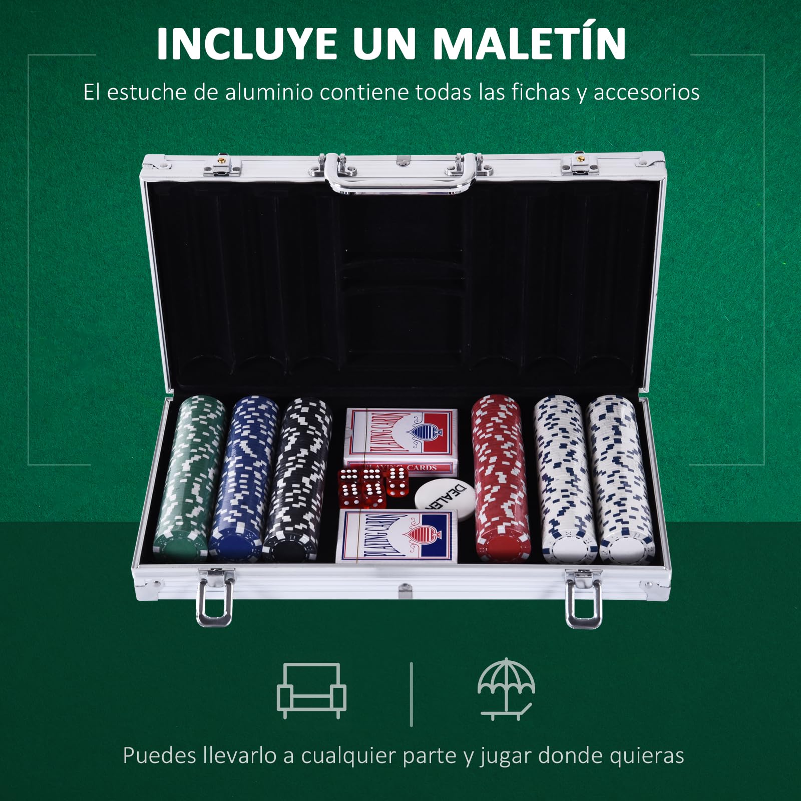 HOMCOM Maletín de Poker Profesional de Aluminio con 300 Fichas Juego Set de Poker Casino con 5 Dados 2 Barajas de Cartas y 1 Ficha de Crupier 38x20,5x6,5 cm Multicolor
