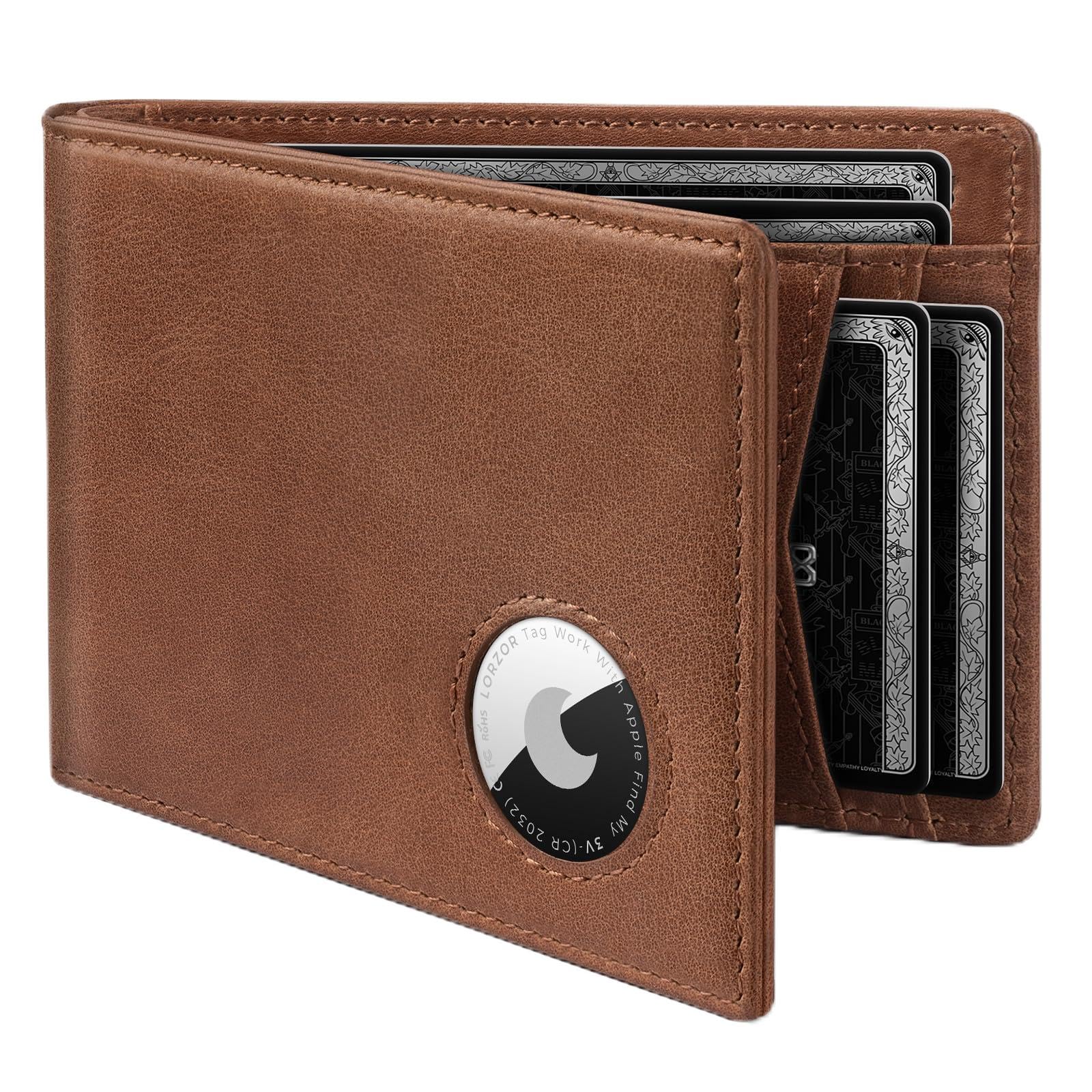 LORZOR Mens Wallet with AirTag Holder, Bifold Full Grain Leather AirTag Wallet for Men, RFID Blocking, ID Window, Gift for Men, up to 12 Cards, AirTag Not Included