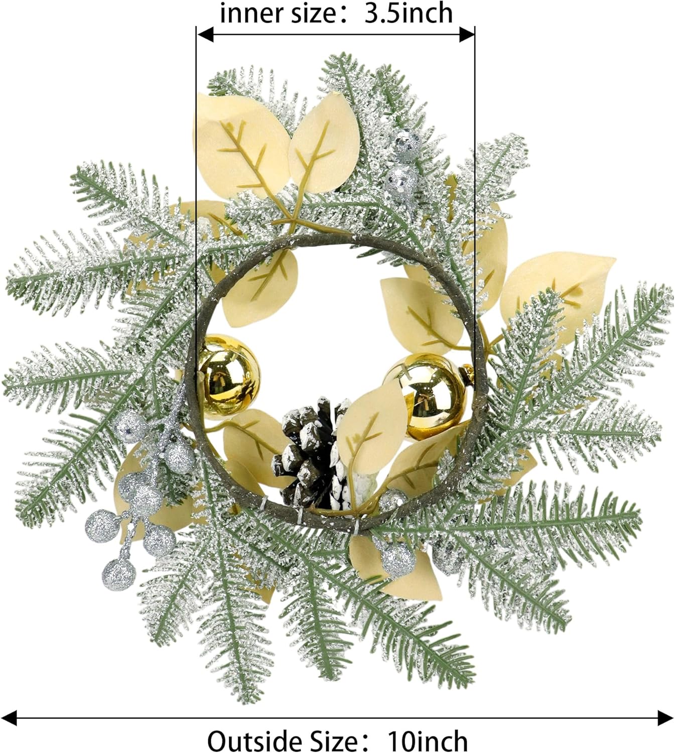 Christmas Candle Rings Wreath,8in Small Wreaths for Kitchen Cabinet with Balls,Pine Cones,Pine Needles and Berries for Home Christmas Table Centerpiece Decorations (6, Gold)