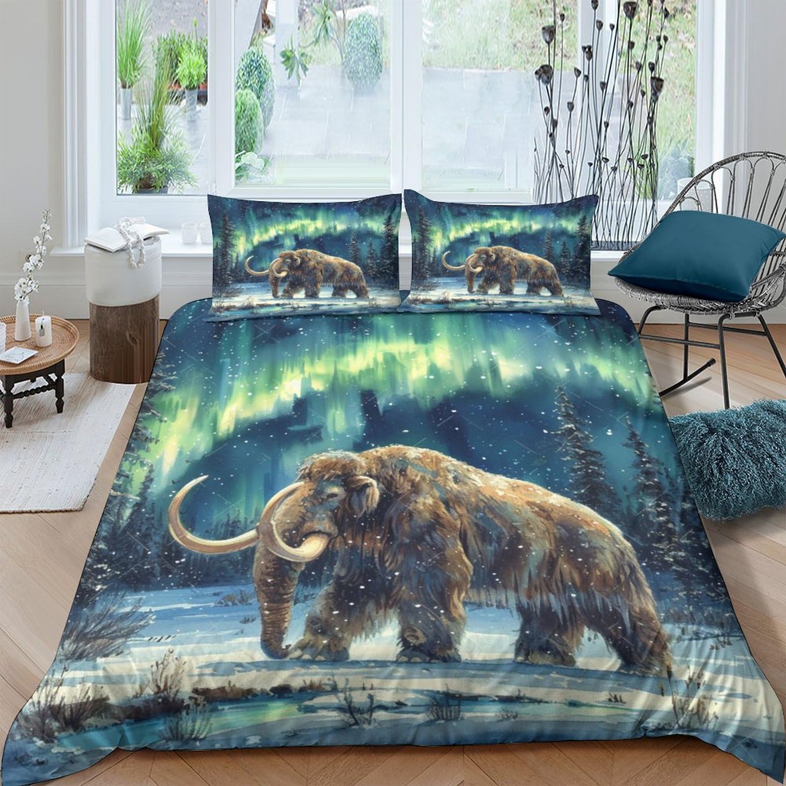 3-częściowy zestaw pościeli z nadrukiem mamuta, mamut, z mikrofibry, z zamkiem błyskawicznym, rozmiar king size (220 x 240 cm), dla nastolatków i dorosłych