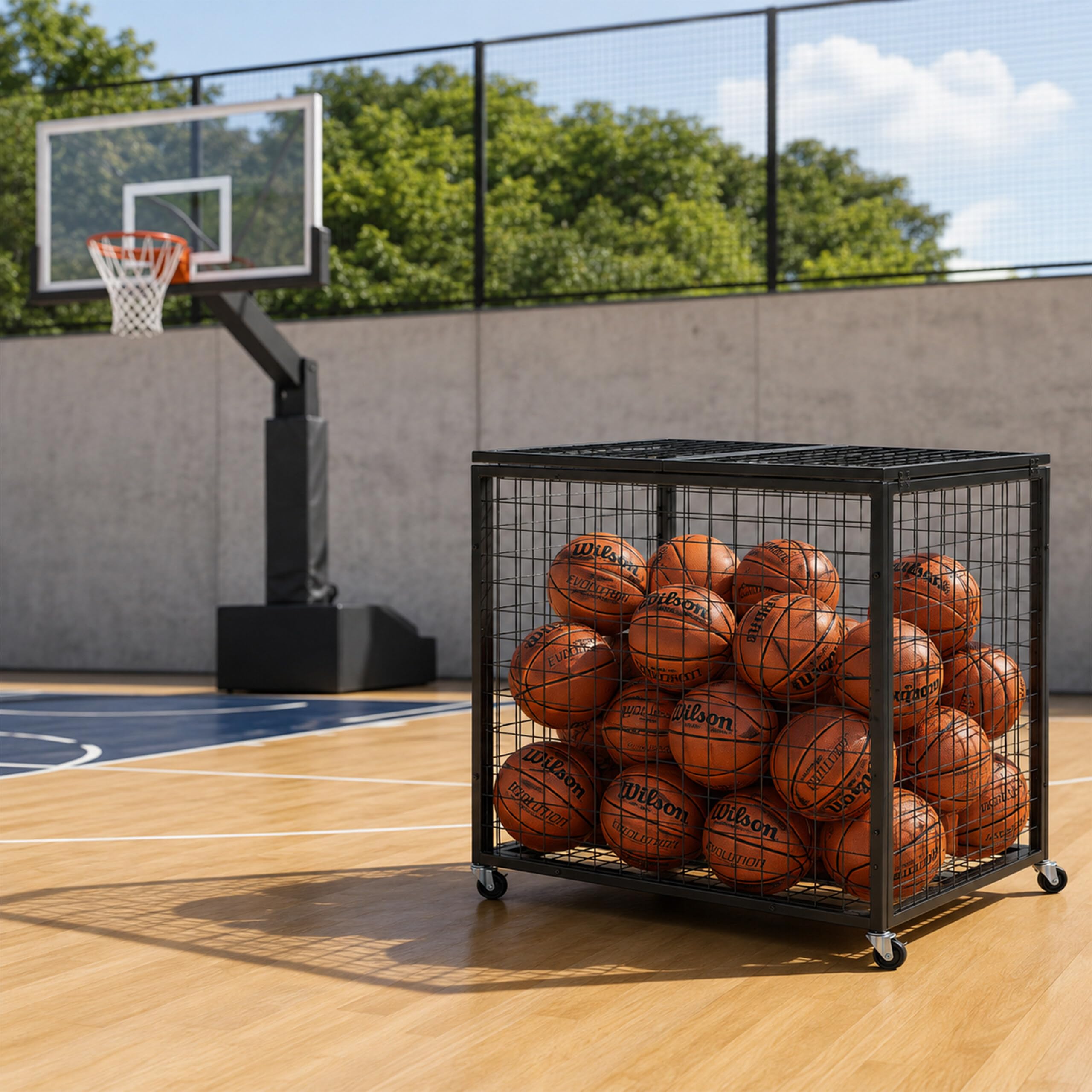 Relaxdays carrito para balones negro, jaula fútbol/baloncesto | 4 ruedas con freno, 81,5x85x66 cm, con cerradura