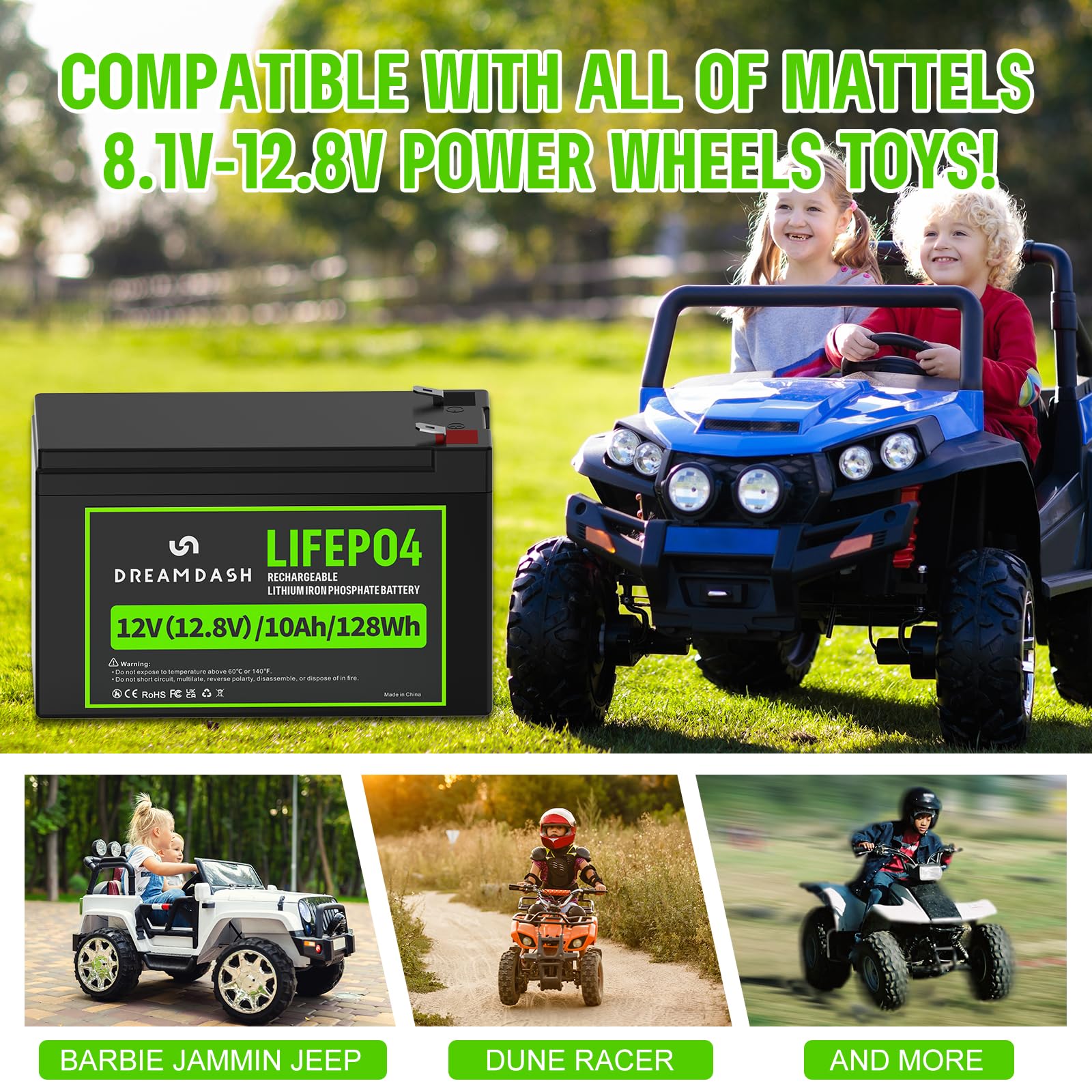 12V Batterie 10Ah LiFePO4 Akku Wiederaufladbare, 3000+ Zyklen bei 80% DOD, IP55, funktioniert von -20 ℃ bis 60 ℃, für Kinderfahrzeug, Kinderauto, Kinder Elektroauto, USV, E-Bike, Beleuchtung, Roller
