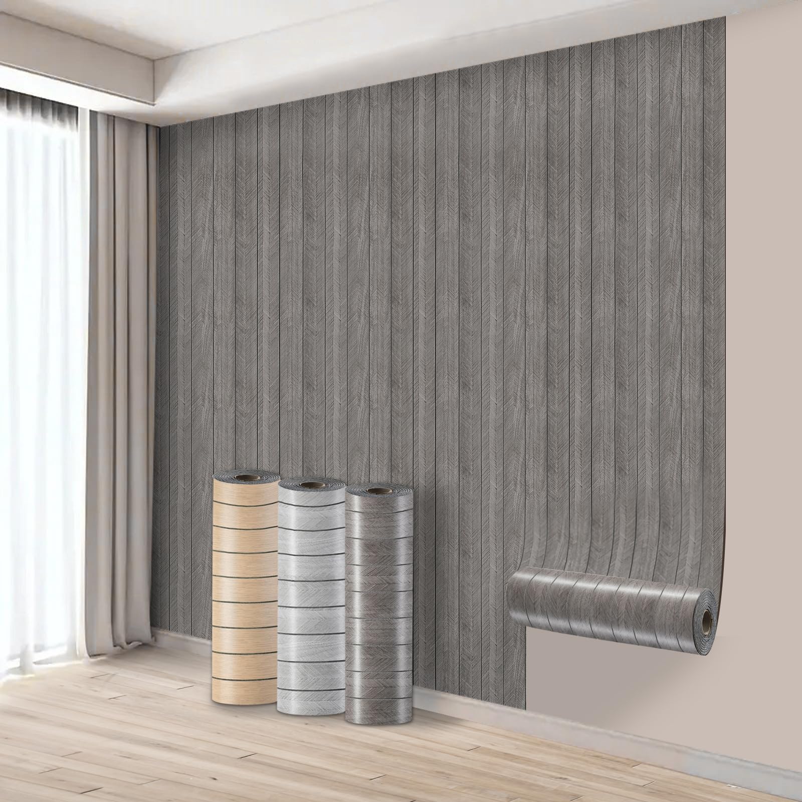 Takezuaa 4 Roll Self Adhesive Thermal Wallpaper 3mm Thick Dark Grey Wood Effect Wallpaper Peel and Stick Wall Panels for Walls Ceilings - Suitable for Living Room, Meeting Room, TV Wall 40cm x 3m — image 1