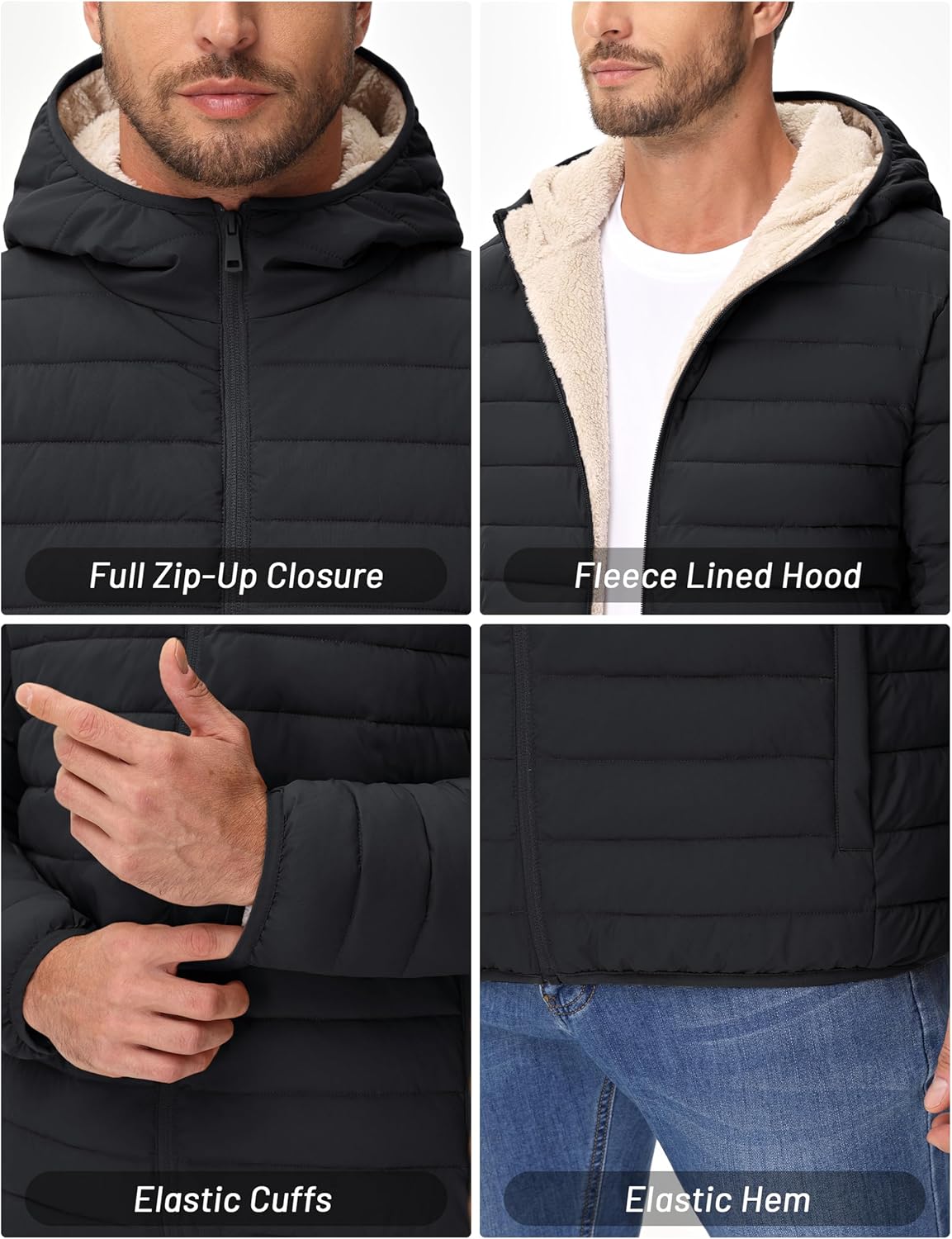 Cotrasen Mens Puffer Jacket Sherpa Lined Water Resistant Hooded Full Zip Mid-Weight Warm Insulated Winter Coat
