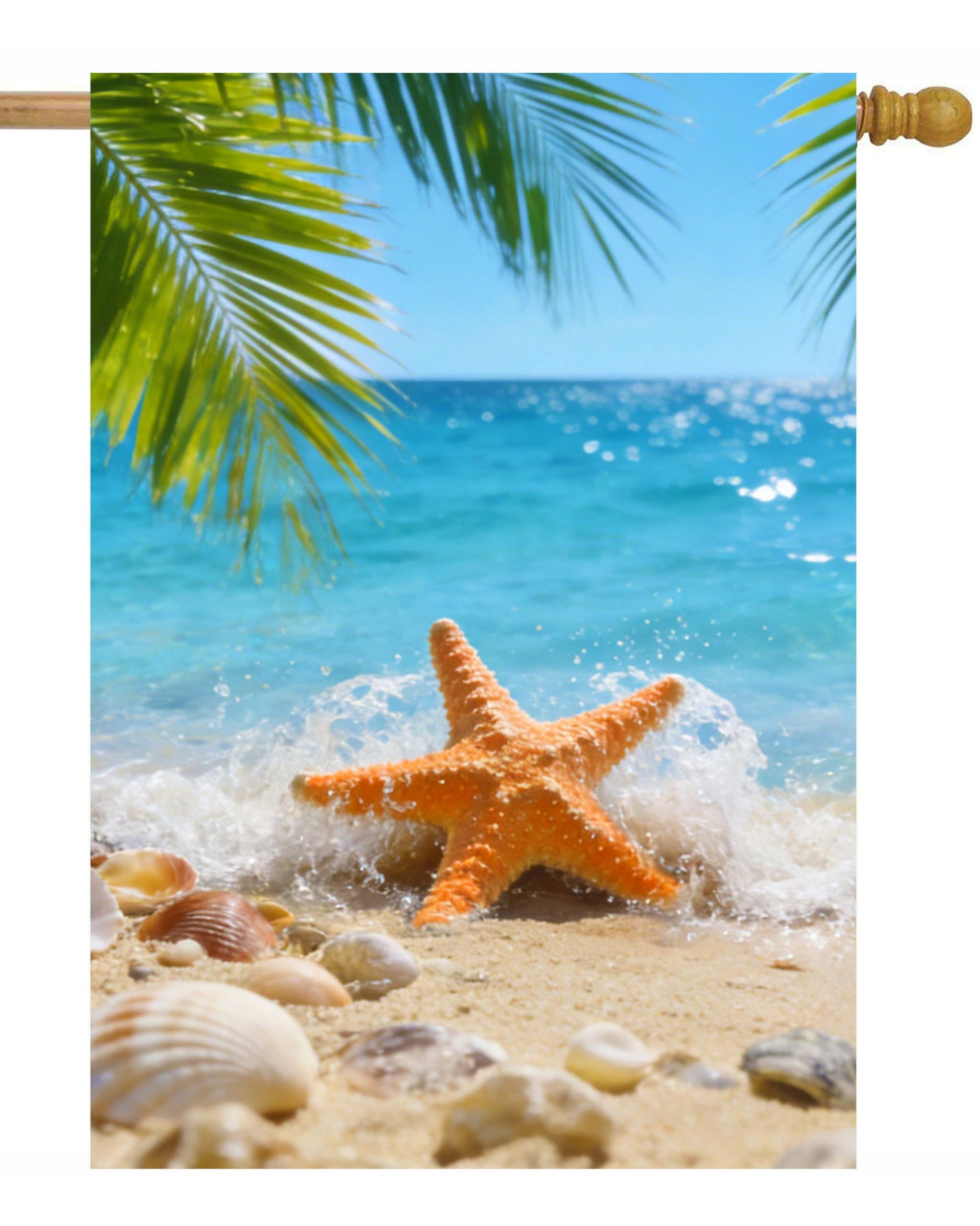 ShineSnow Shell on Sand Beach Starfish Summer Palm Tree Holiday Seashore House Flag 28" x 40" Double Sided Polyester Welcome Large Yard Garden Flag