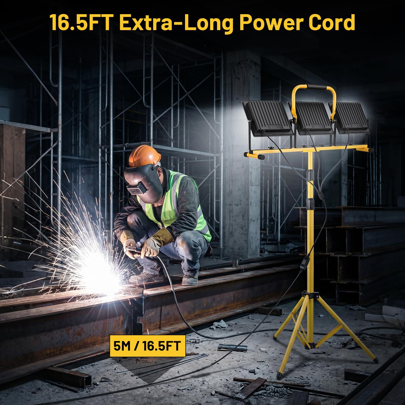 Yofuly 3x 100W Foco LED de Trabajo 23,000LM, Focos LED Portátil con Trípode Telescópico 1,6M, IP66 Impermeable, con Cable de 5M, Luz de Trabajo para Obras, Jardines, Construcción