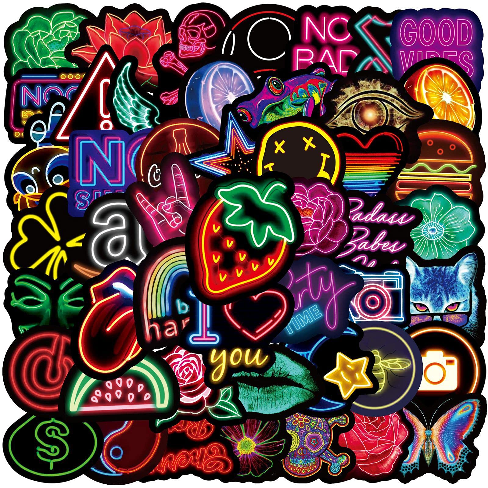 100 Pcs Neon Sticker, Waterproof Vinyl Stickers, Laptop Stickers, Water Bottle Decals, for Water Bottle, Luggage, Phone, Computer, Skateboard, Guitar, Bicycle, Notebook, Different Pattern