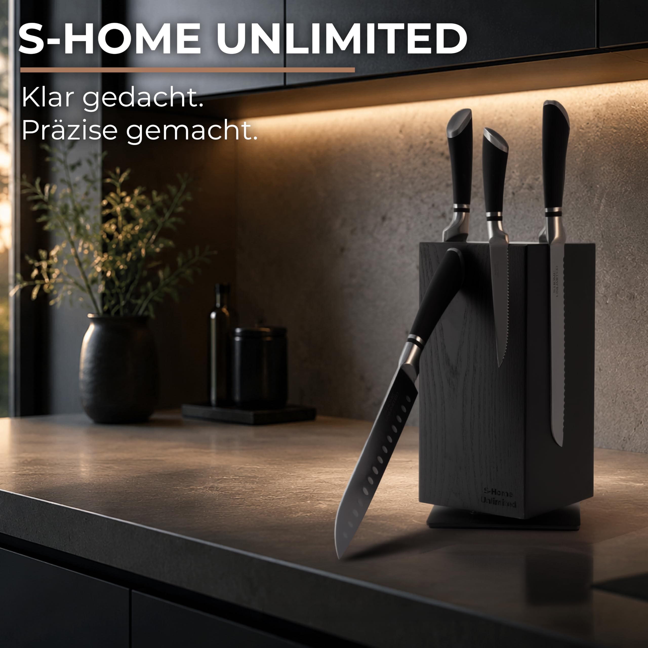 Magnetischer Messerblock ohne Messer | 360° drehbar | Massiver Holzblock in Schwarz mit sichtbarer Maserung | Sicherer Stand dank schwerem Metallfuß