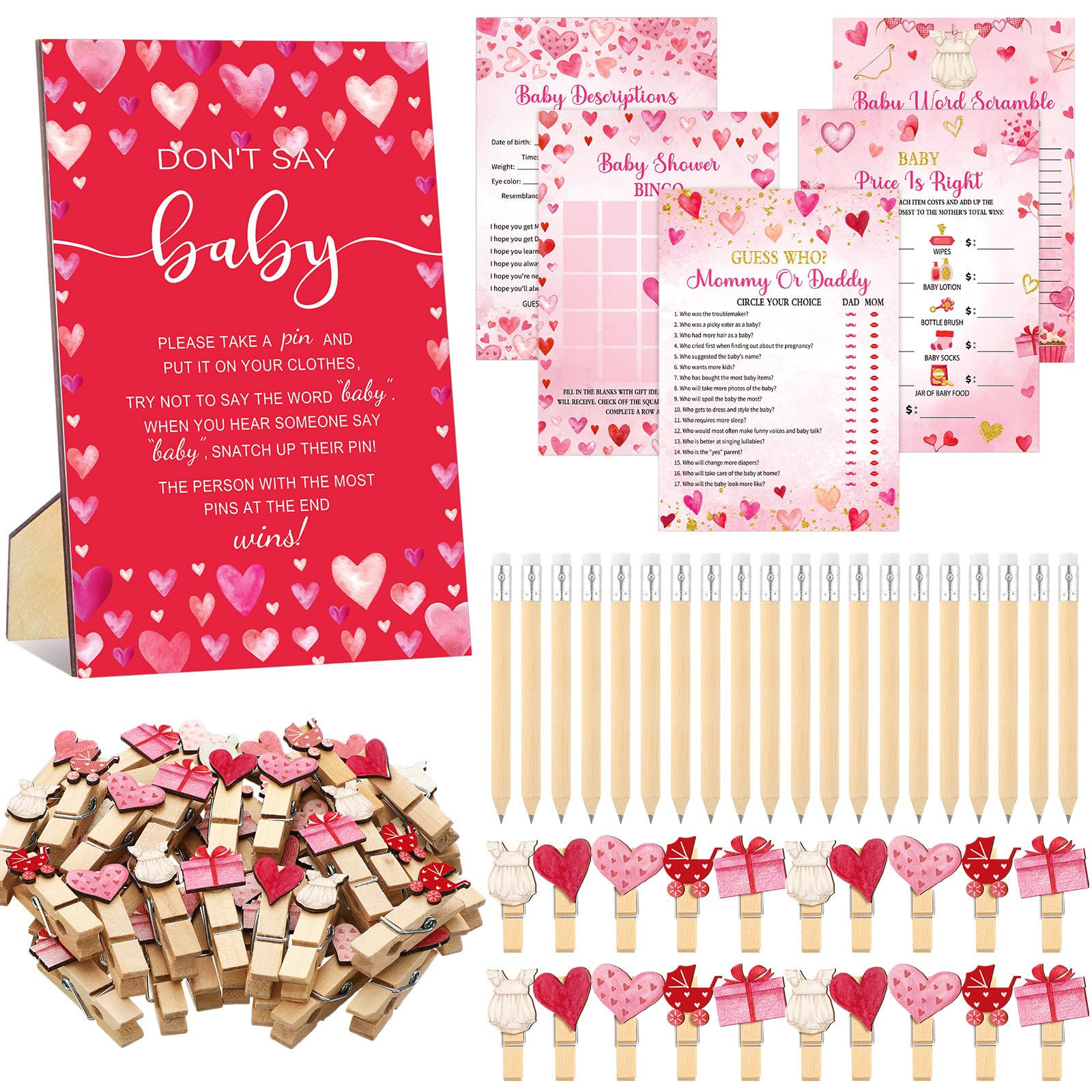Patelai 322 Pcs Valentines Baby Shower Decorations Don't Say Baby Game Sign Wooden Don't Say Sign for Gender Reveal Party Decorations Invitation Insert Card Games for Valentine's Day Little Sweetheart