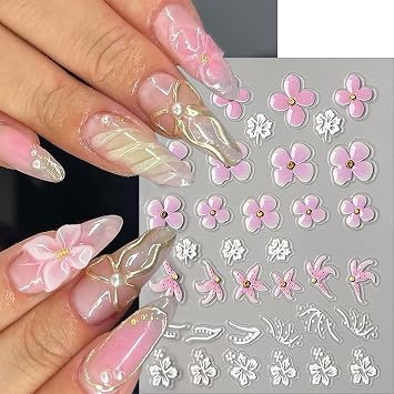 Flowers Nail Art Stickers 3 Sheets Spring Relief Lily Nail Decals 5D Embossed Acrylic Sliders for Women Nail Decoration Pink Flower Nail Stickers