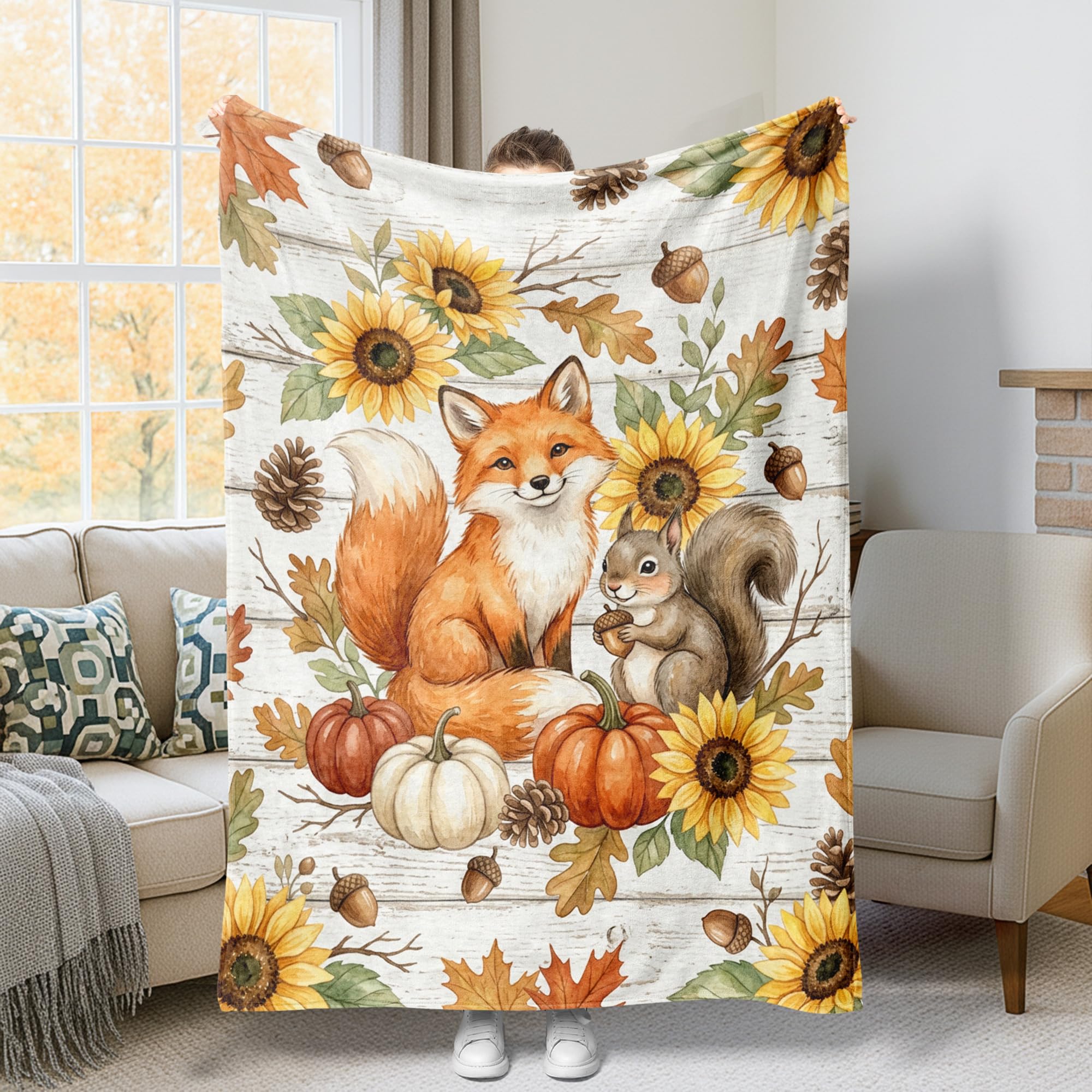 Jeté de lit écureuil et tournesol plaid orange automne pour canapé 150x200