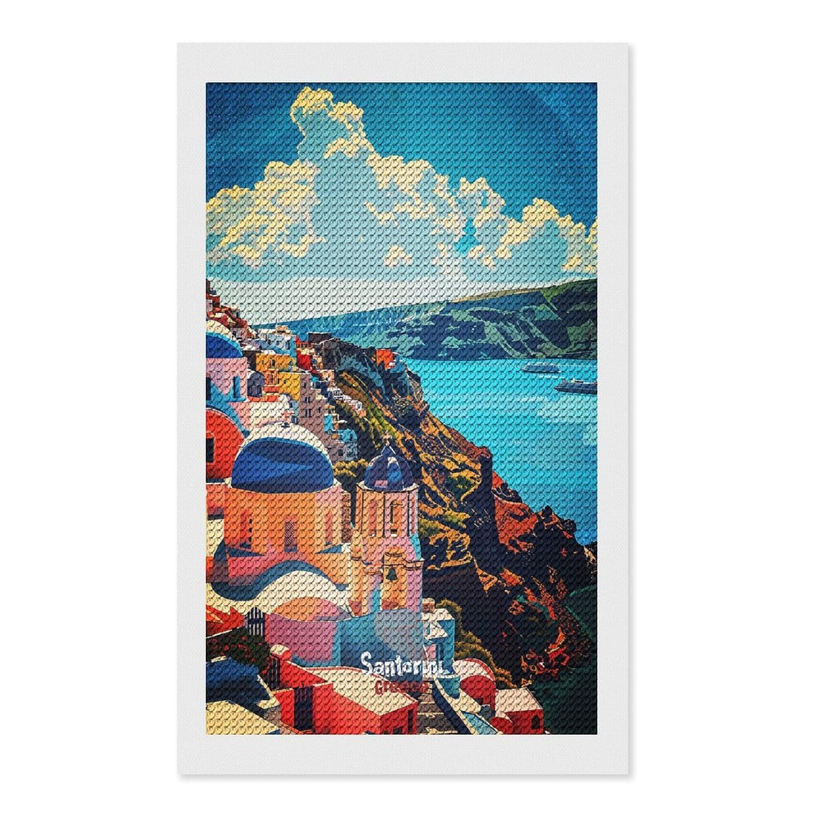 Junmoney Santorini Greece Vintage Travel DIY Diamond Art Canvas Kit 12"x20", Relaxing DIY, Sparkling Crystal Beads, Vintage Style Decor, Holiday Gift Idea
