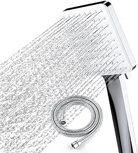 Newentor® Handheld High Pressure 6 Spray Modes/Settings Detachable Chrome Finish Square Shower Head with Stainless Steel Hose and Multi-Angle Adjustable Shower Stand