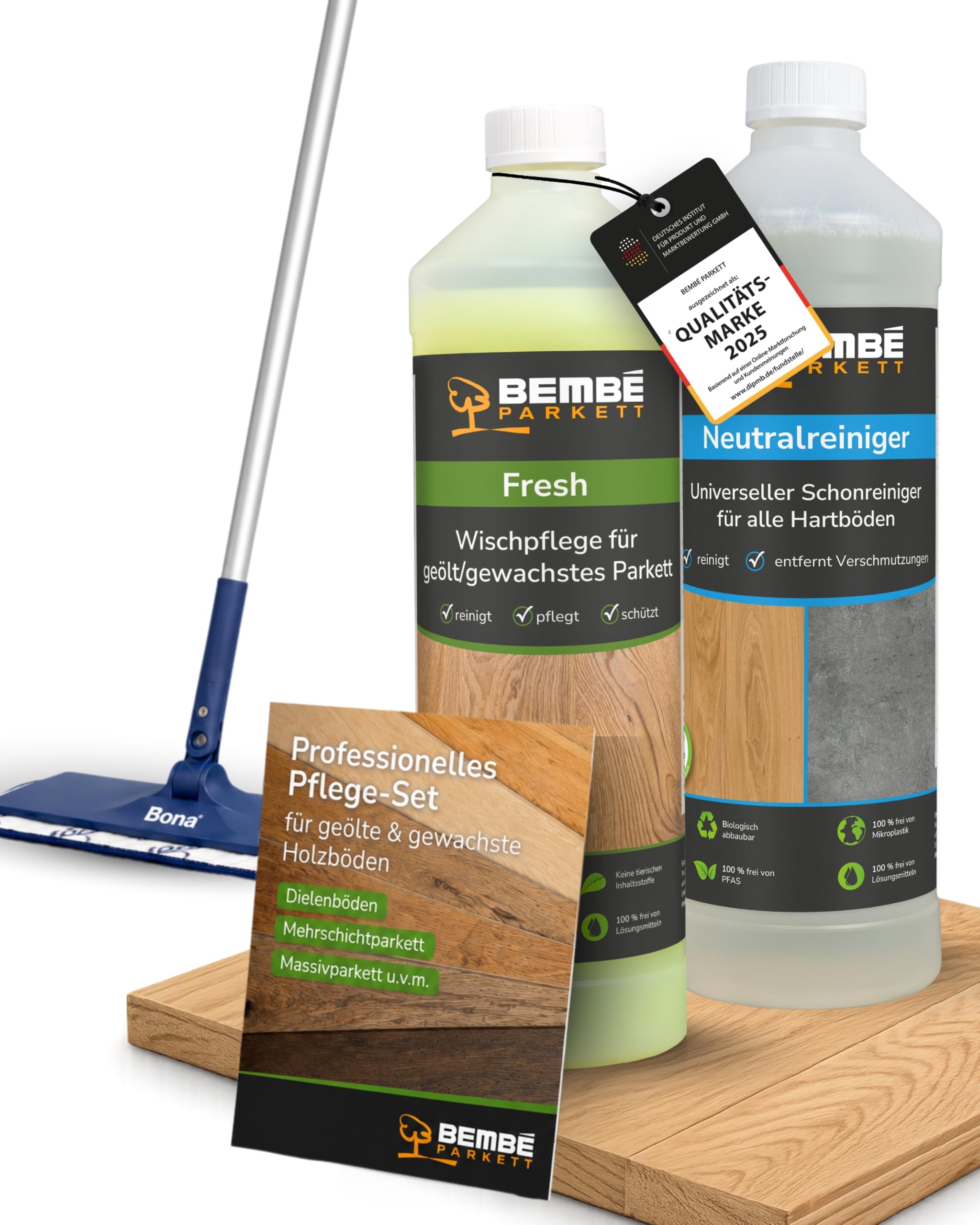 Bembé Erstpflege-Set für geöltes Parkett I Pflegewischer + 1 L Fresh + 1 L Neutralreiniger I Parkettpflege für geöltes & gewachstes Parkett I Reinigt, schützt & pflegt I Seidenmatt & rutschhemmend
