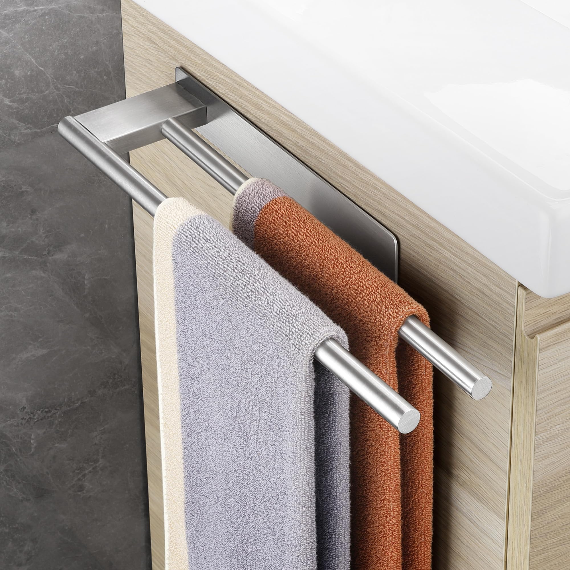 Adhesive Towel Bar Double Bar Bathroom Towel Racks without Drilling Stainless Steel Wall Bathroom Towel Hanger 39 cm, Silver