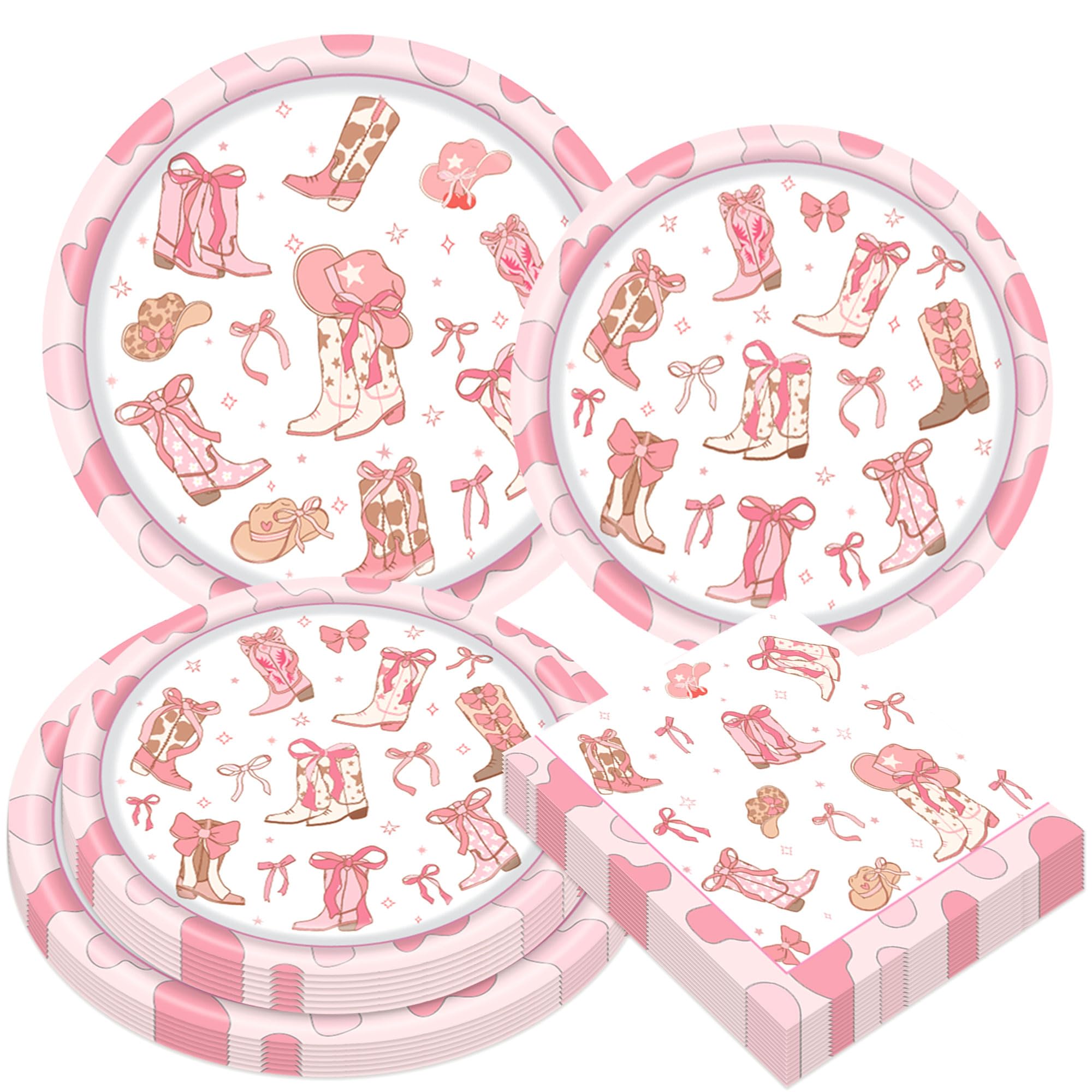 JeVenis Pink Bow Western Cowgirl Plates Napkins Disposable Pink Bowknot Rodeo Tableware Bachelorette Baby Bridal Shower Supplies Favors for 10 Guest