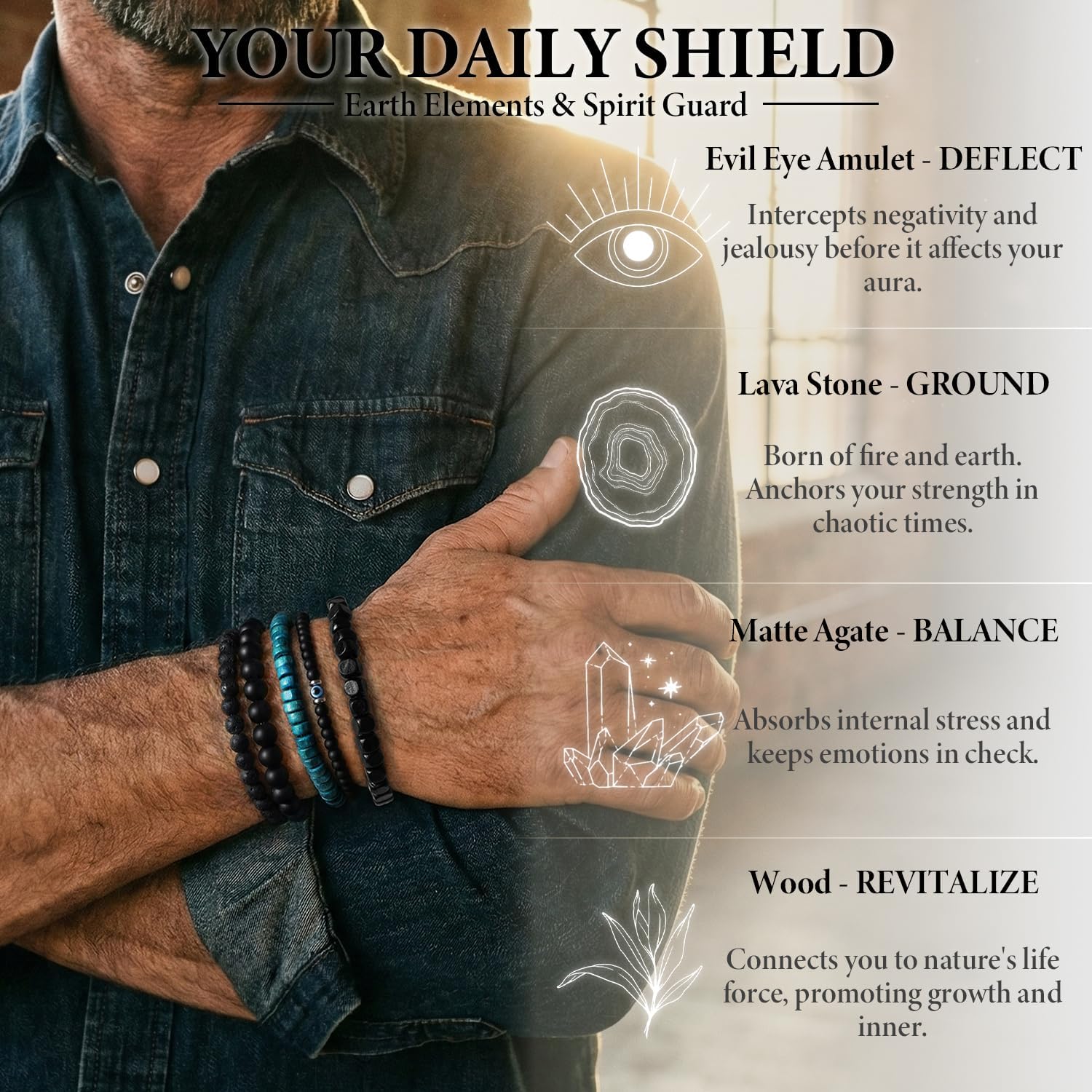 Evil Eye Bracelet Men’s Bracelet Set Multi - Tiger Eye/Matte Agate/Lava Rock Gifts for Birthday/Anniversary/Christmas - Image 2