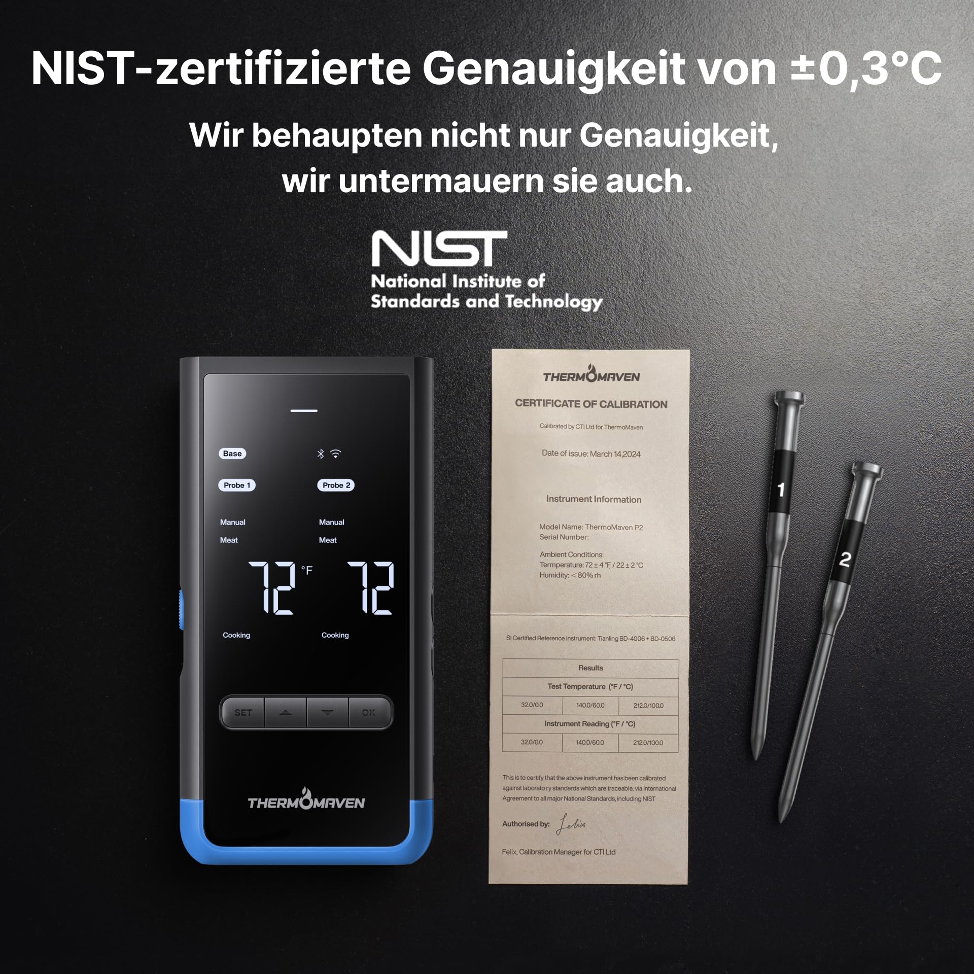 ThermoMaven Smartes Fleischthermometer Kabellose mit Basisstation, Bluetooth & WLAN, 2 Fühler, 6 Sensoren, NIST-zertifiziert, große, stabile WLAN-Reichweite, für Smoker, Backofen & BBQ, Elektroblau