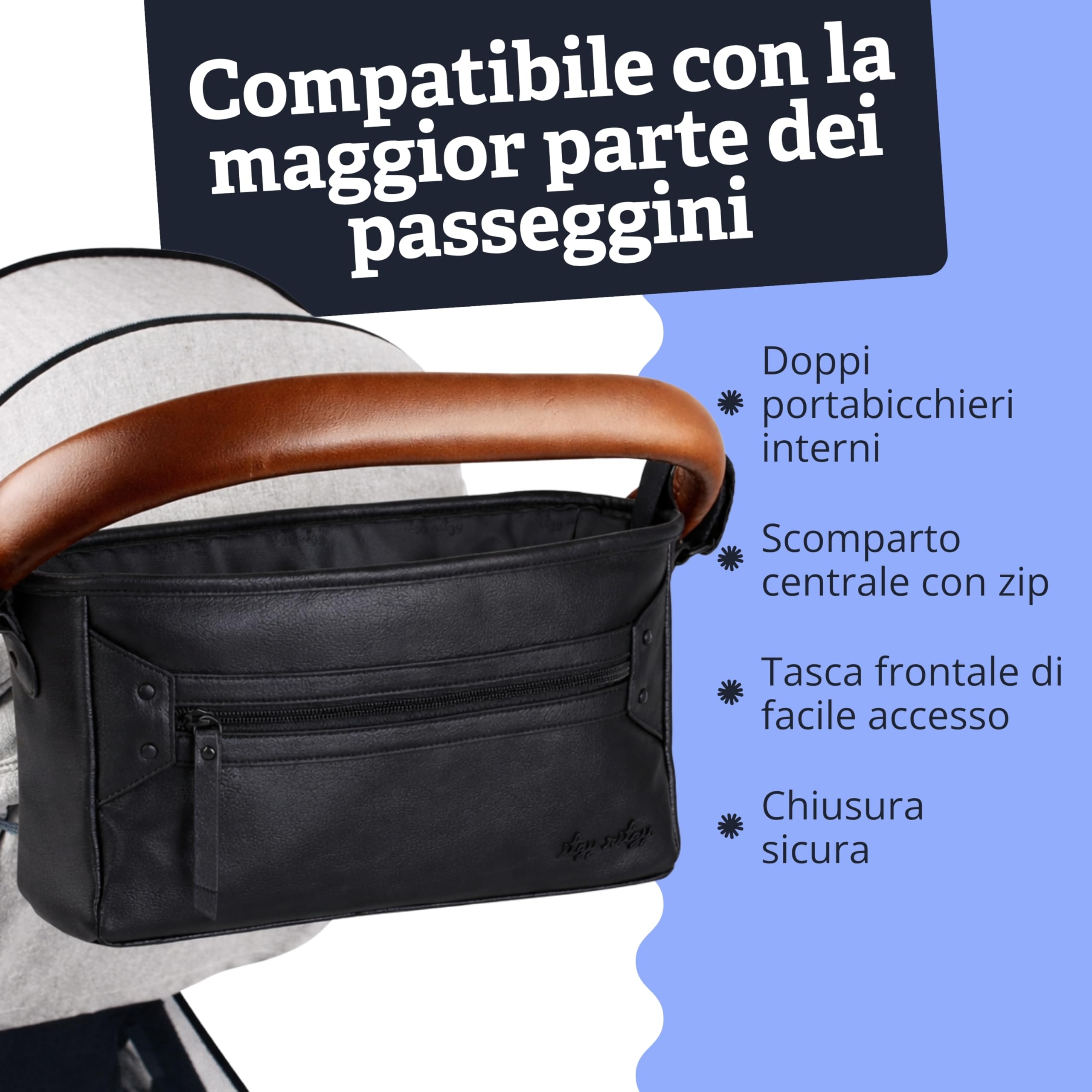 Itzy Ritzy Organizer regolabile per passeggino, dotato di due tasche frontali integrate con cerniera e cinghie regolabili per adattarsi a quasi qualsiasi passeggino, caffè e crema