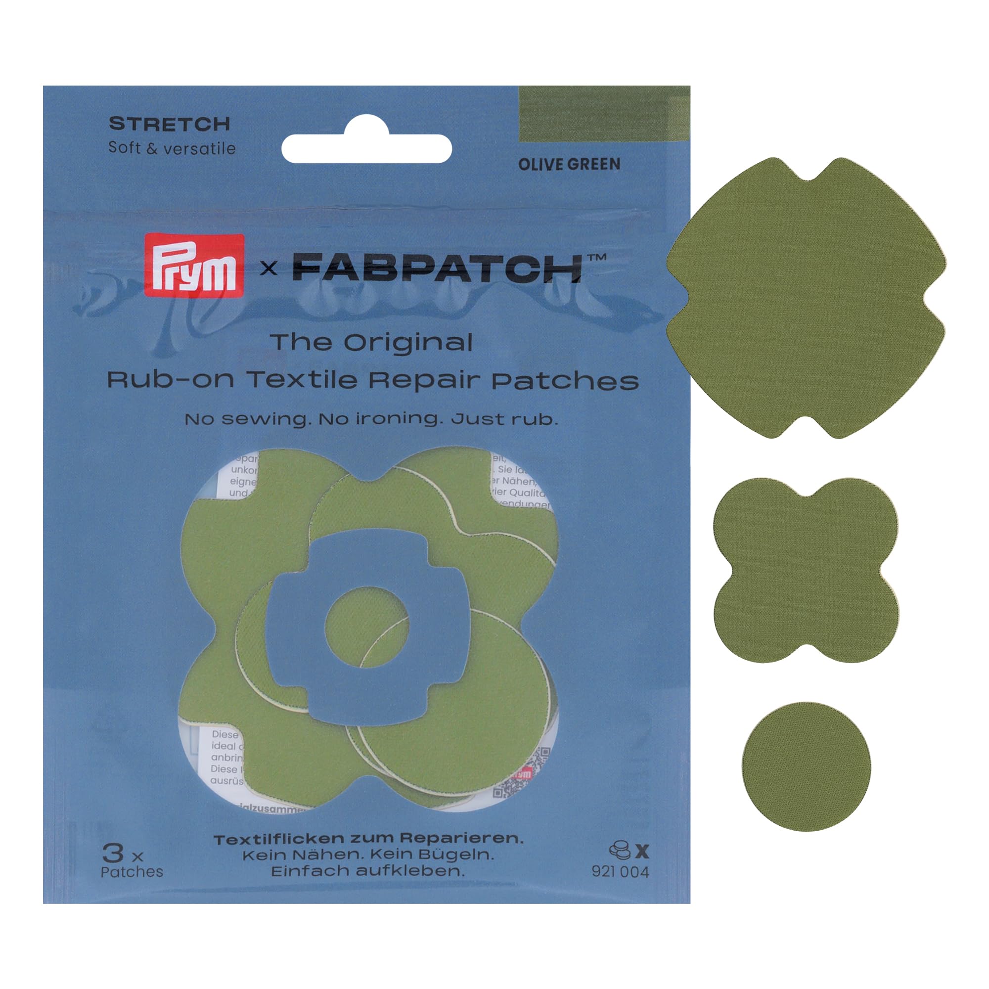 Prym 921004 FabPatch Stretch Rub-on Patch Olive (Pack of 3) - Self-Adhesive Bi-Elastic Repair Patches for Sportswear, Leggings, Jackets & Trainers - Textile Repair Without Sewing & Ironing