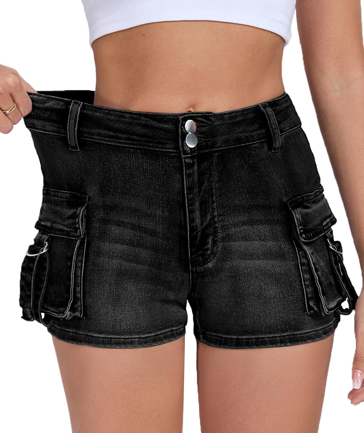 Women's Denim Mini Cargo Shorts Casual Mid Waisted High Stretchy Jean Shorts Sexy Booty Shorts with Pockets Y2K