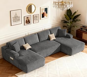 DURASPACE 320cm U Shaped Sofa with Chaise, Modular Boneless Comfort Sectional Sofa Couch, Modern Corduroy Deep Seat Couch, Convertible 4-Seater for Living Room Grey