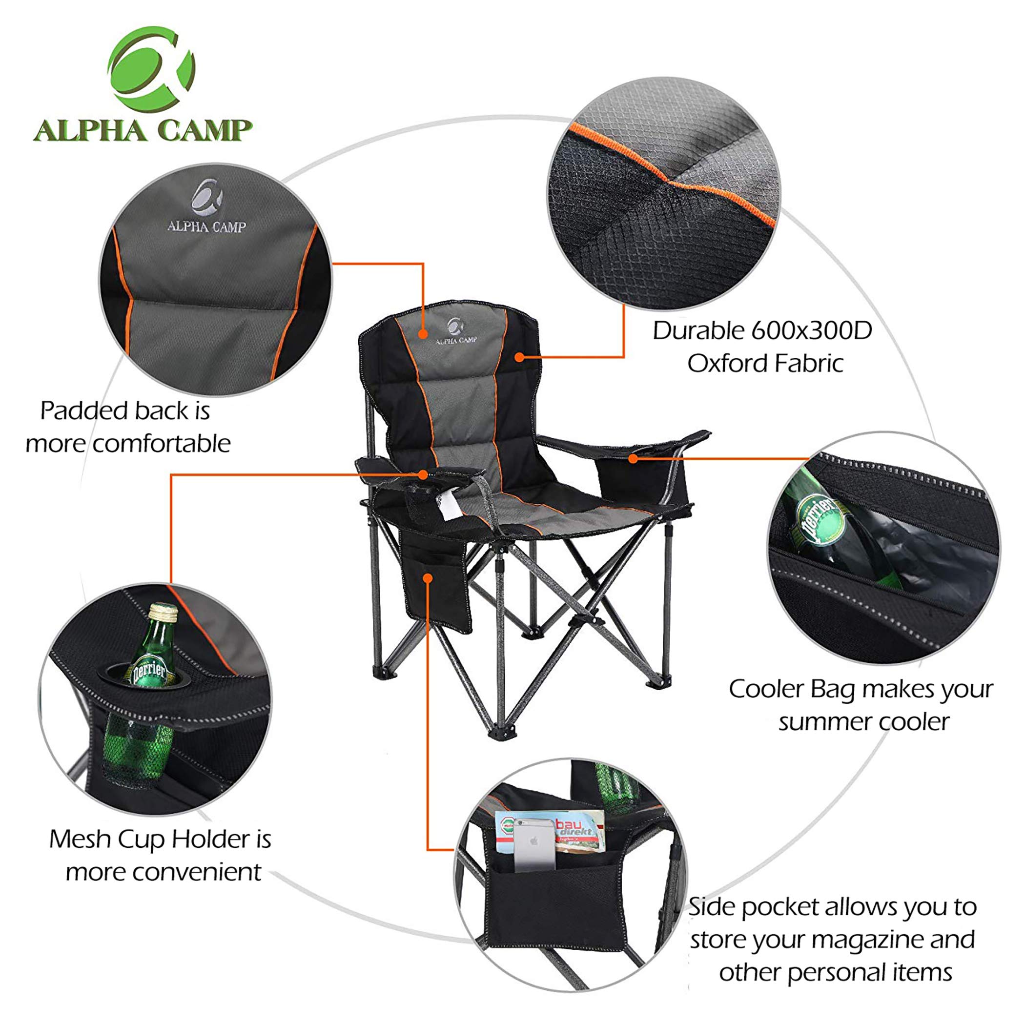 ALPHA CAMP Portable Folding Oversized Camping Chairs with Cup Holder