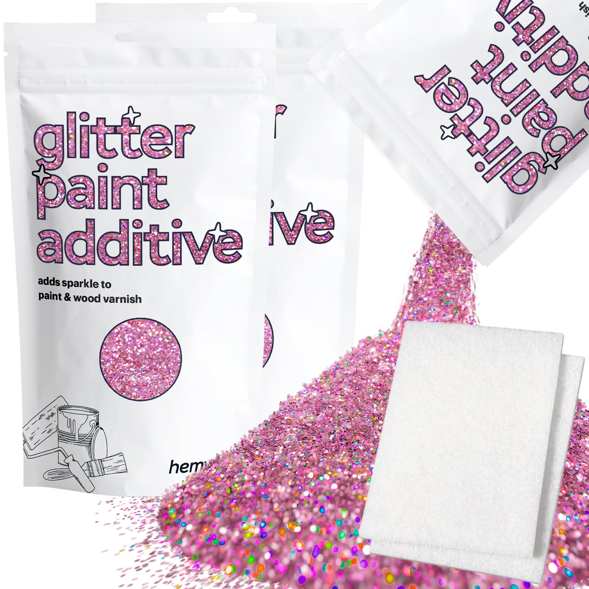 Hemway Pink Holographic Glitter Paint Additive 200g with 2X Buffing Pads for Adding Sparkle to Paints & Varnish | Paint Walls Sparkly Add to Emulsion, Acrylic or Lacquer Indoor