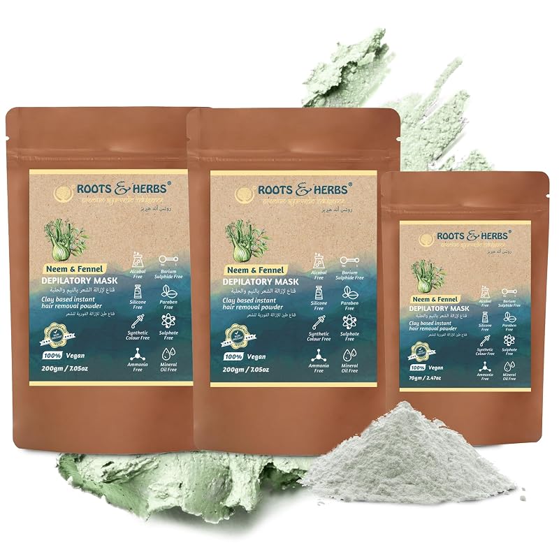 Máscara depilatória em pó com neem e funcho Roots & Herbs, 470 g