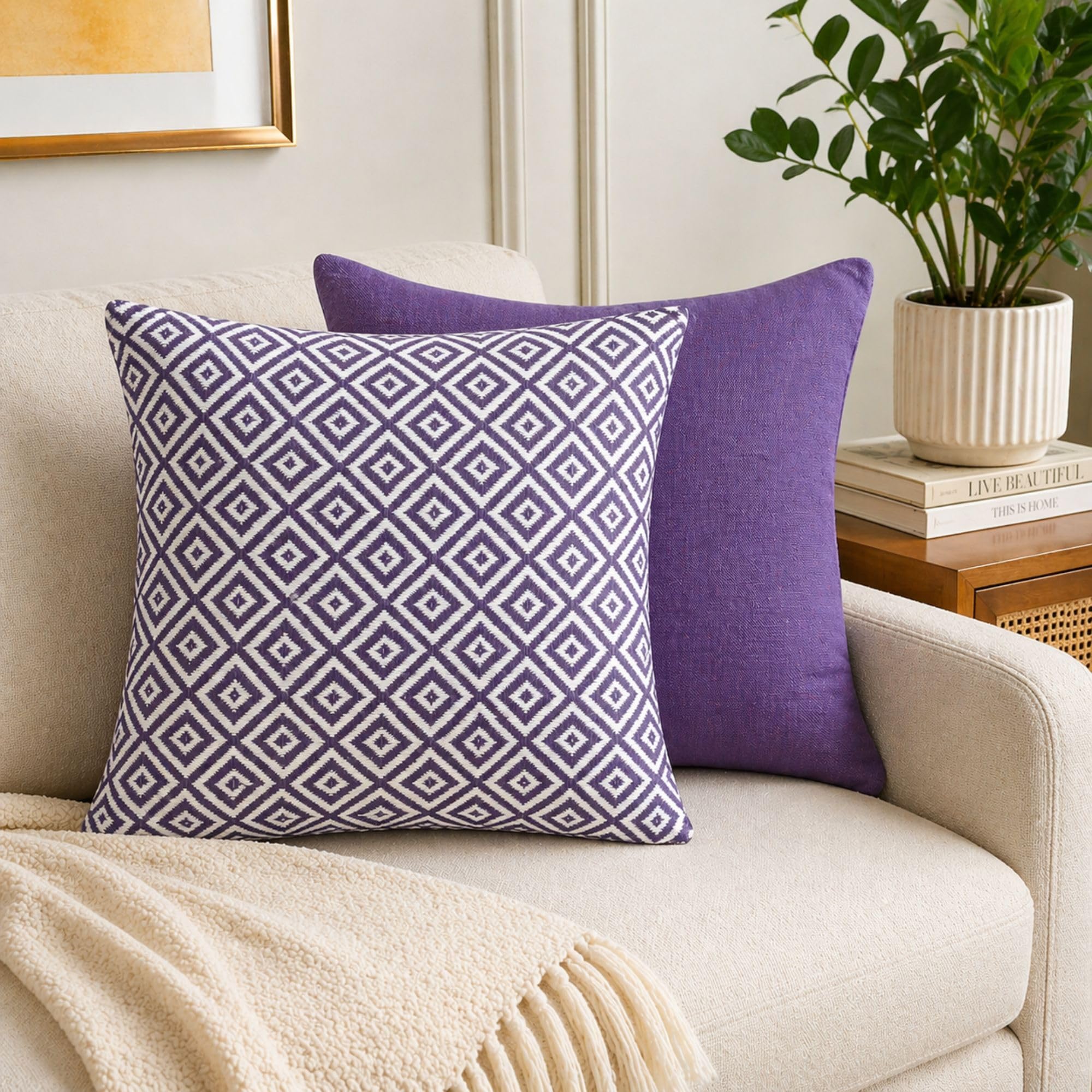 The Furnishers Pack of 1 Reversible 24x24 Inch Purple Cotton Argyle Woven Fashion Throw Pillow Covers Cases for Couch Sofa Home Decoration | 60 x 60 cm