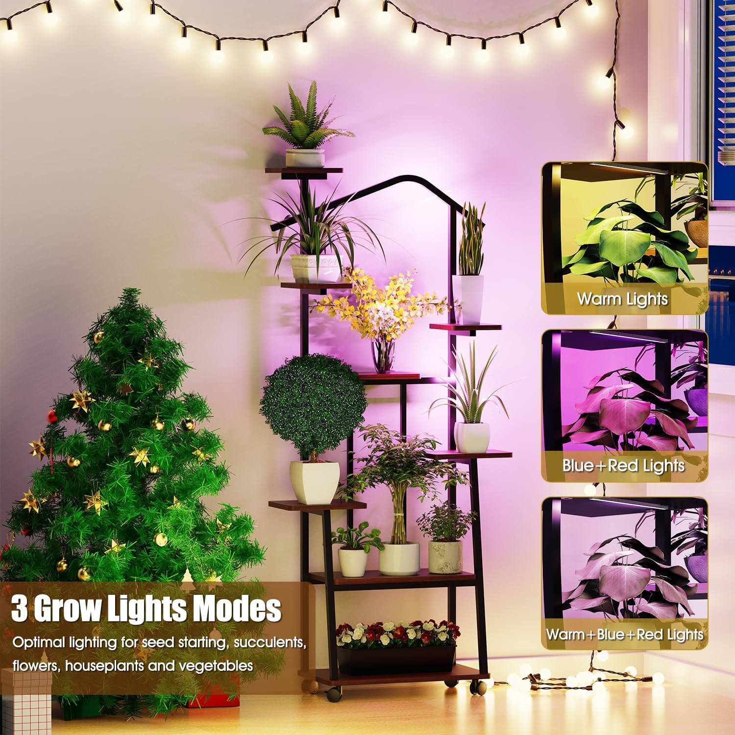 Plant Stand Indoor with Grow Lights-65" Indoor Plant Shelf,8 Tiered Corner Plant Stands for Indoor Plants,Metal Tall Plant Flower Display Shelves for Bedroom Living Room Balcony Patio (House-Shape)