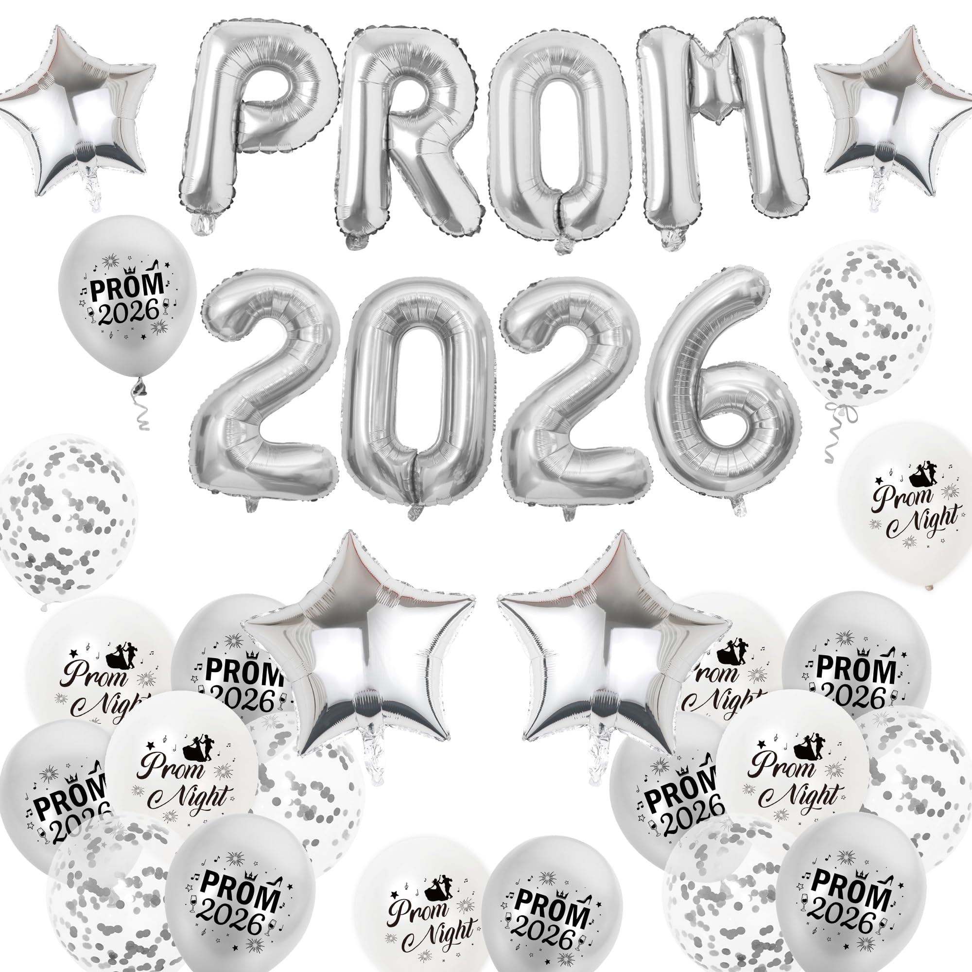 Prom Decorations 2026 Balloons Set - Silver Prom 2026 Foil Balloon Banner with Star and Latex Balloons, Graduation Party Decorations for Class of 2026 Prom