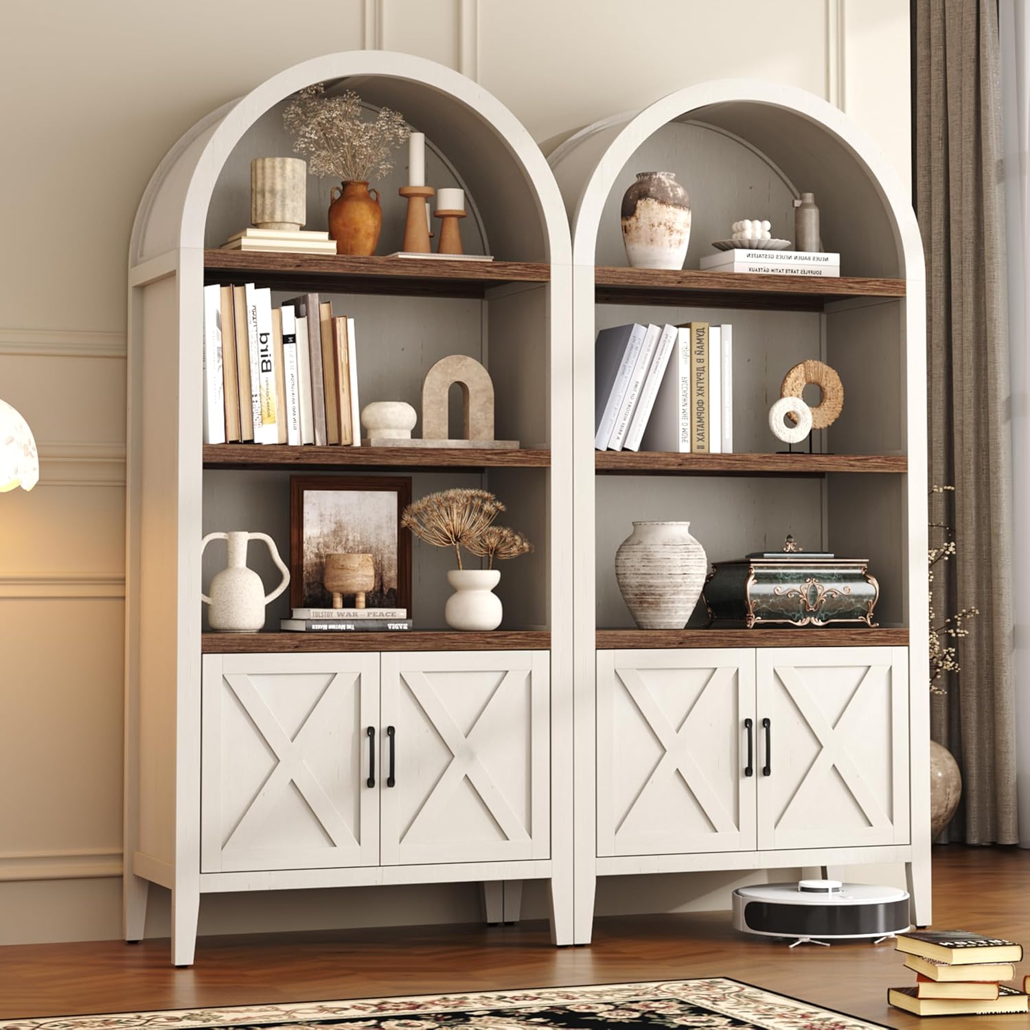 Yusong 71" Tall Arched Bookcase, 5-Tier Arched Bookshelf, Arch Cabinet Display Cabinet with Doors and Adjustable Shelf, Modern Farmhouse Kitchen Pantry for Living Room Bedroom, White