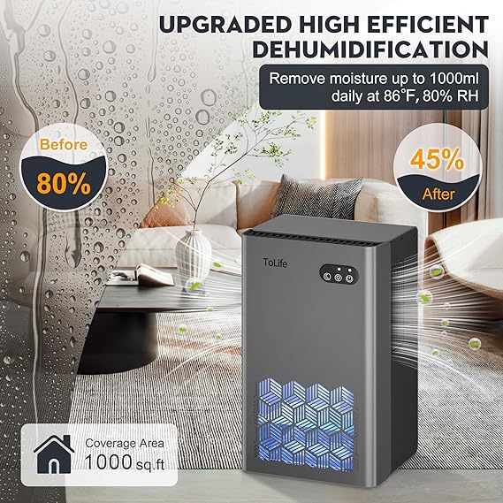 ToLife Dehumidifier for Home 95 OZ Water Tank, 1000 sq.ft Dehumidifiers for Basement Bedroom Bathroom with Auto Shut Off 7 Colors LED Light, Grey