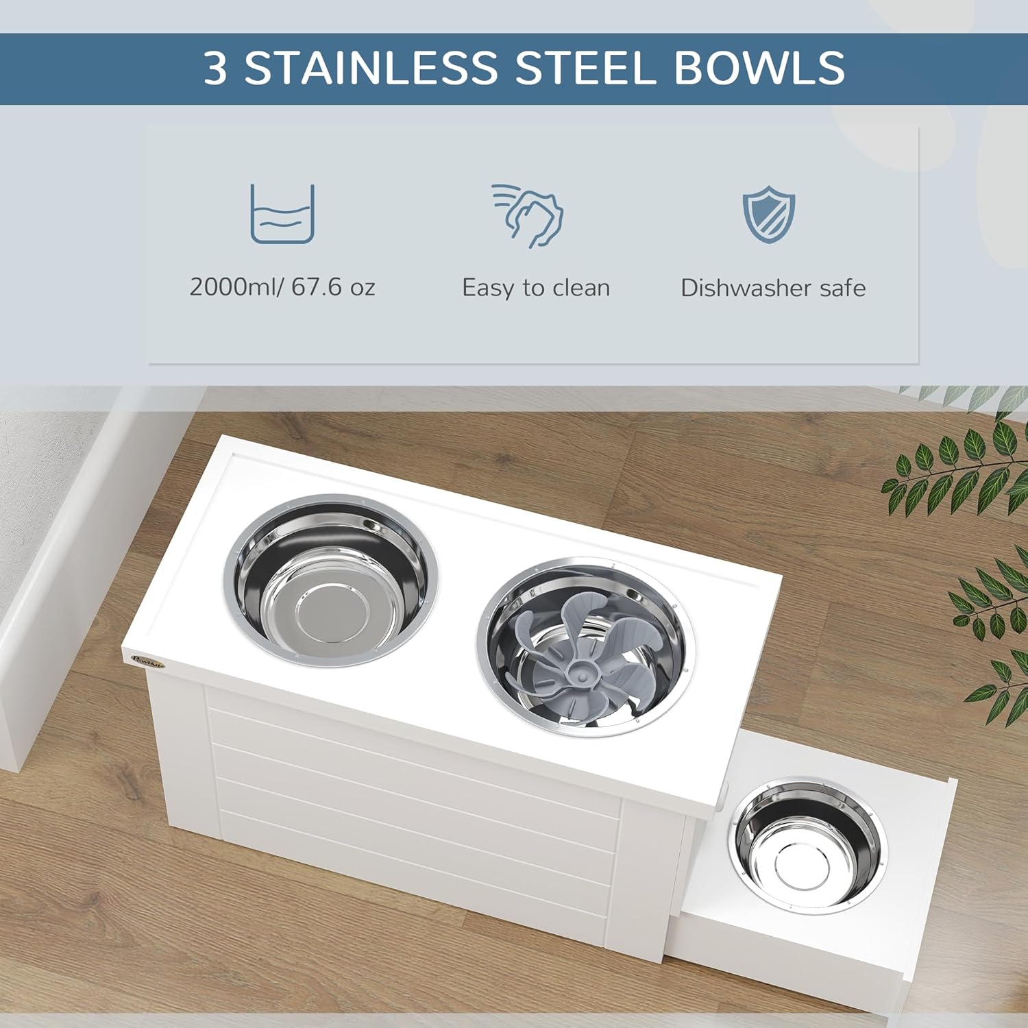 PawHut Elevated Dog Bowls with Semi-Auto Dispenser & Slow Feeder Mat, Pet Feeding Station with 3 Stainless Steel Bowls, Storage Cabinet, Raised Pet Bowls for Large & Extra Large Dogs, White