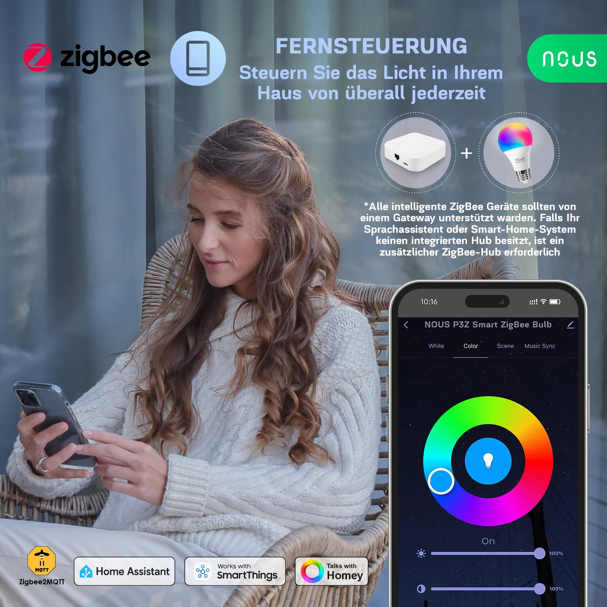 NOUS P3Z ZigBee Smart Glühbirne E27 LED, RGB, Kompatibel mit Alexa, Home Assistant, Google Home, SmartThings, Fernbedienung, Dekorative Glühbirne Zubehör, 2 Pack