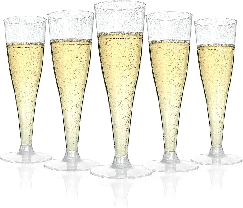 Bestluck 100Pack 4.5oz Champagne Flute Plastic,Silver Glitter Champagne Cup | Plastic Disposable Stemware,Disposable Champagne Flutes for Party, Mimosa Bar, Wedding, Anniversary and Graduation