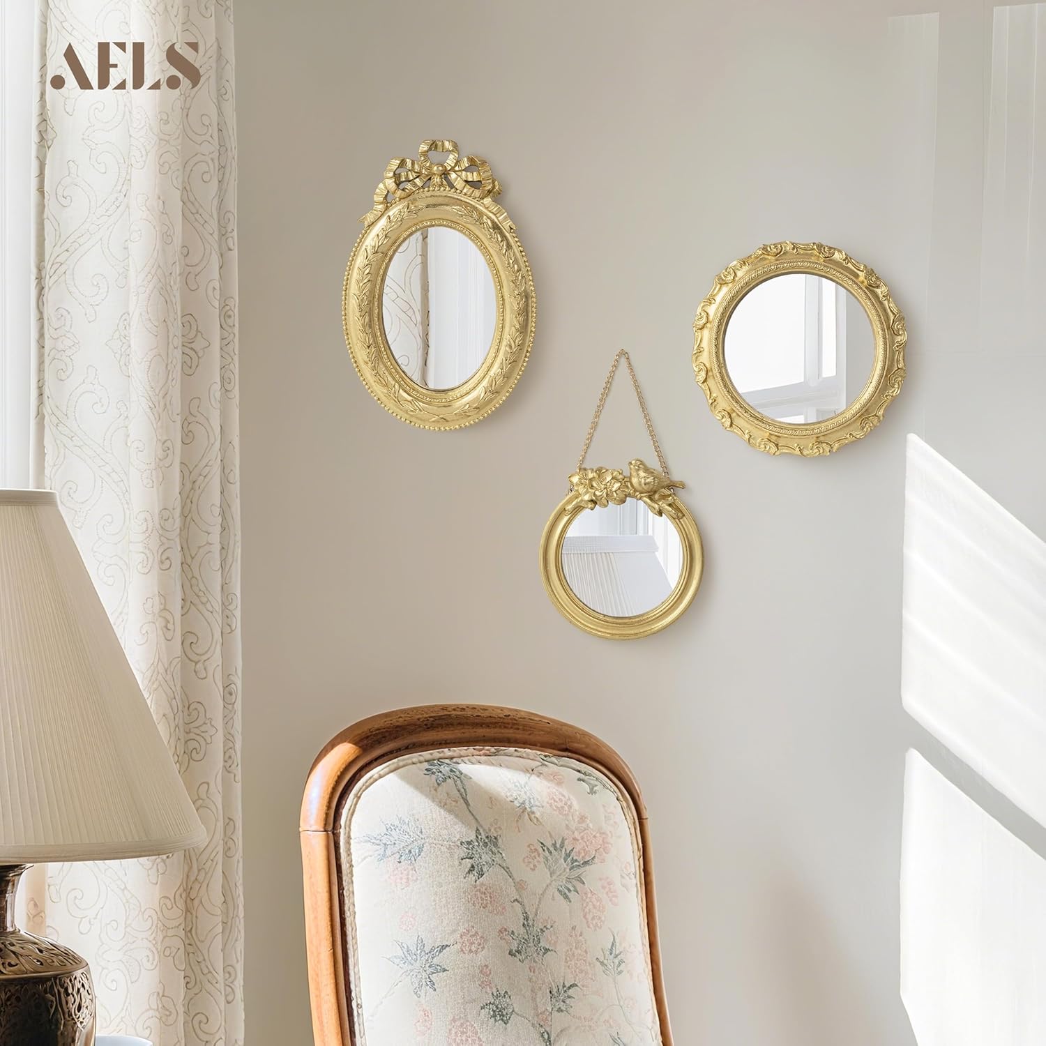AELS 3 Pack Small Antique Gold Mirror Wall Decor, Wall Hanging Mirror, Luxury Home Decor, Vintage Wall Mirror, Small Decorative Mirrors for Living Room Entryway Bedroom, Bird Bow