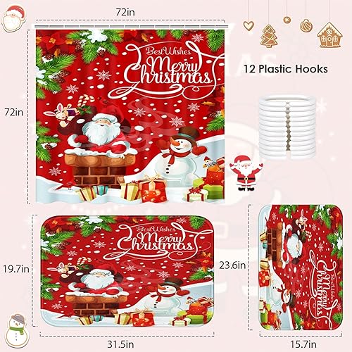 Miniatura 45 de ArtSocket Juego de baño de árbol de Navidad con cortina de ducha y accesorios de alfombras, juego de cortinas de ducha rojas a cuadros búfalos