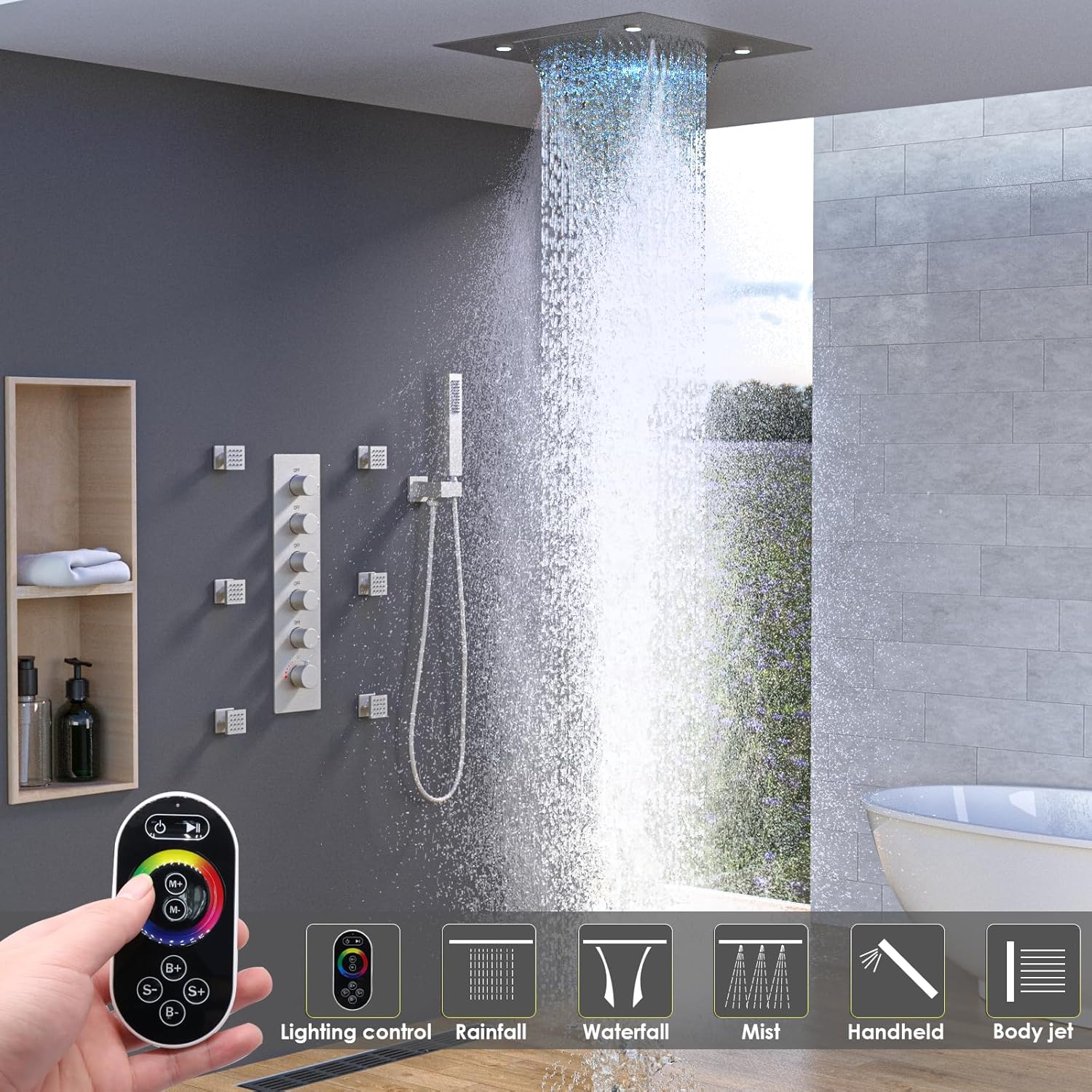 Enga Shower System With Spa Body Jets, 20 Inch LED Waterfall Atomizing Horizontal Square Ceiling Shower Head with Remote Control, Thermostatic Shower Faucet Set Flow Can Be Controlled Brushed Nickel